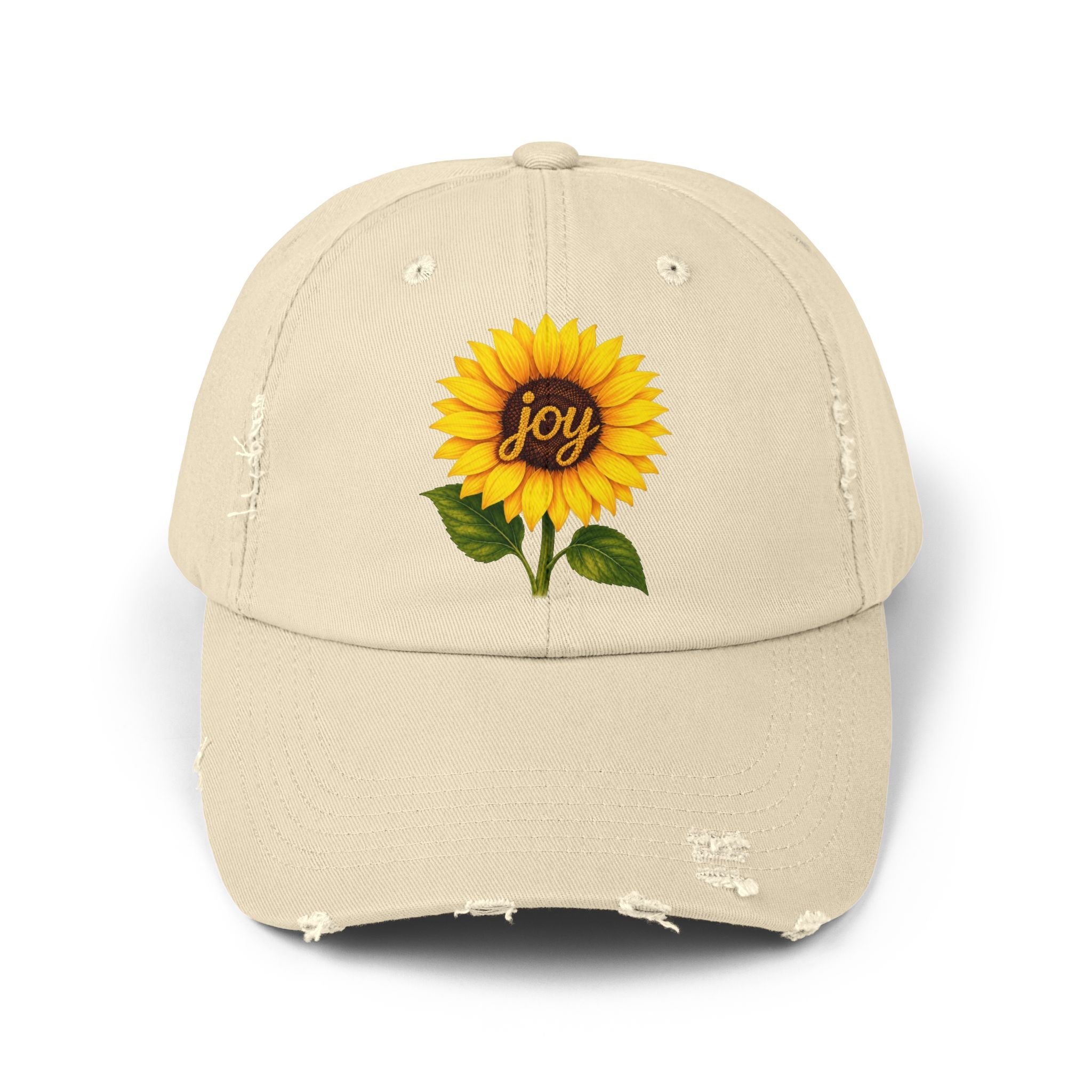 Sunflower Joy Distressed Cap featuring a hand-painted sunflower design with the word joy on a beige cap.
