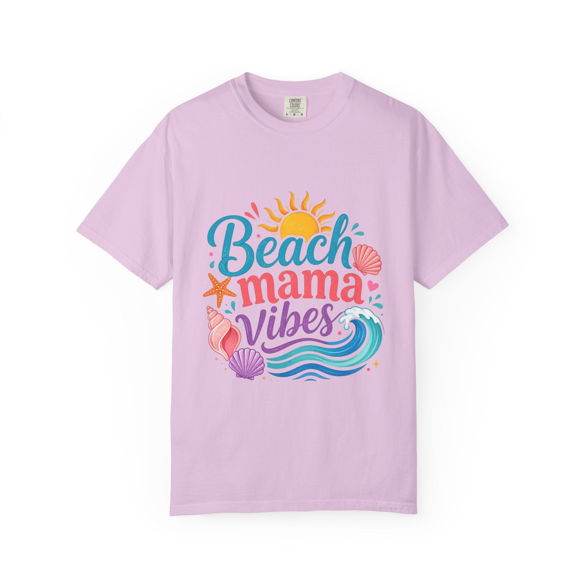 Beach Mama T-Shirt — Women's Coastal Mom Tee on a lilac background with ocean-themed graphic.