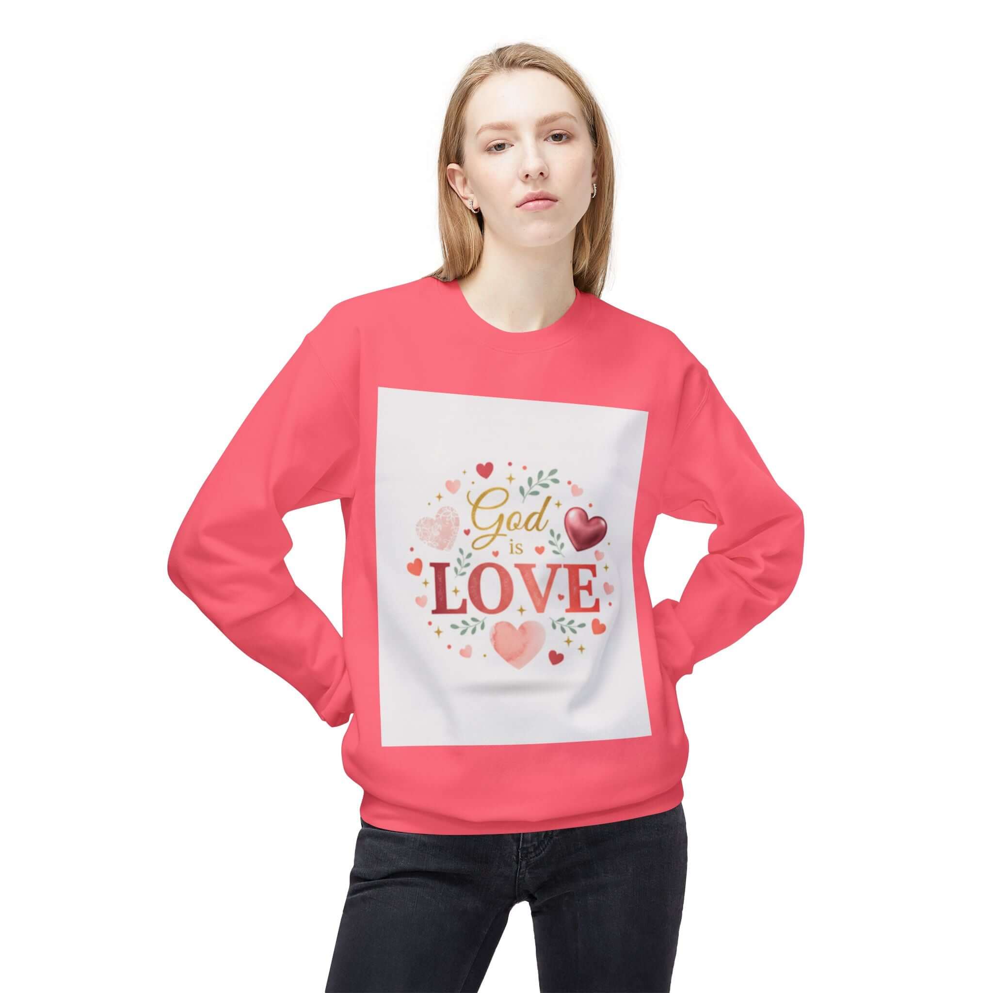 christian sweatshirt featuring a design with 'God is Love' surrounded by hearts on a pink crewneck