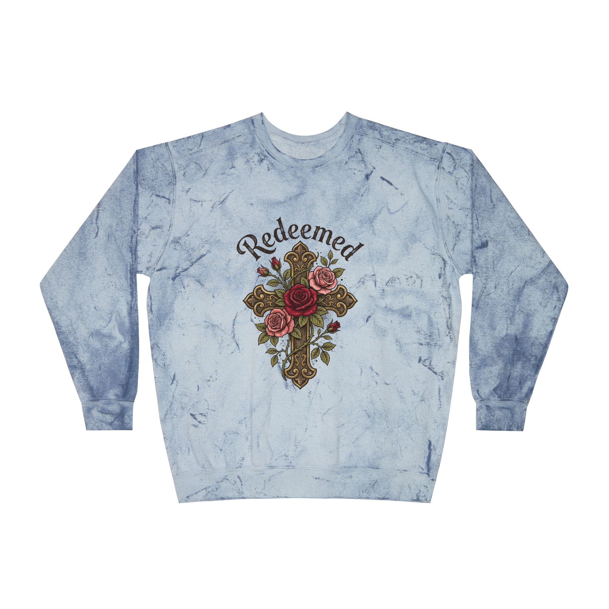 Christian sweatshirt featuring a hand-drawn cross with roses and the word 'Redeemed' on a vintage-style Blue Tie-Dye Pi crewneck.