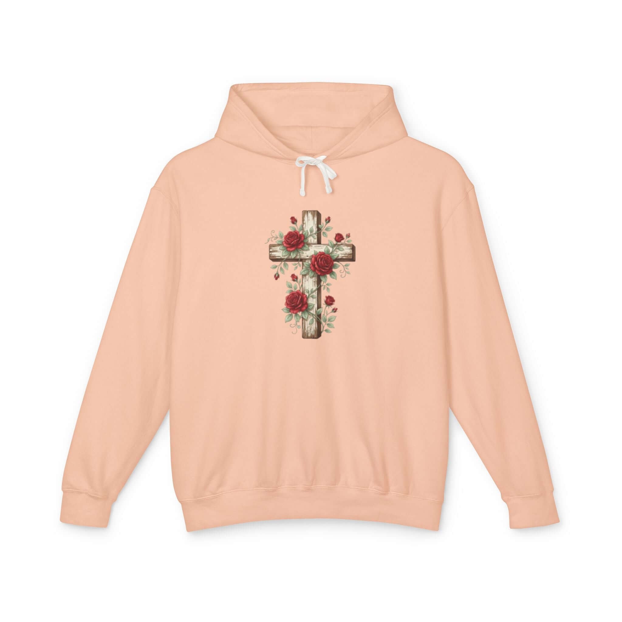 Christian sweatshirt featuring a Peach cross design, perfect for casual wear and expressing faith.