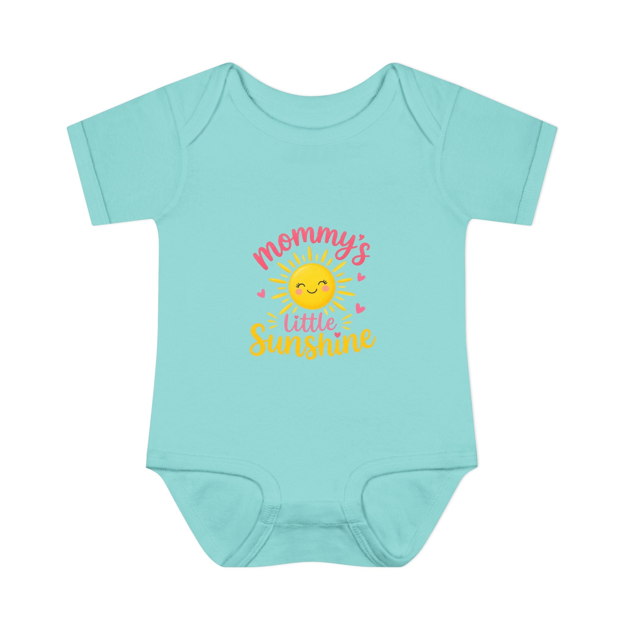 mommy's little sunshine bodysuit in light blue with cheerful sun graphic and colorful text