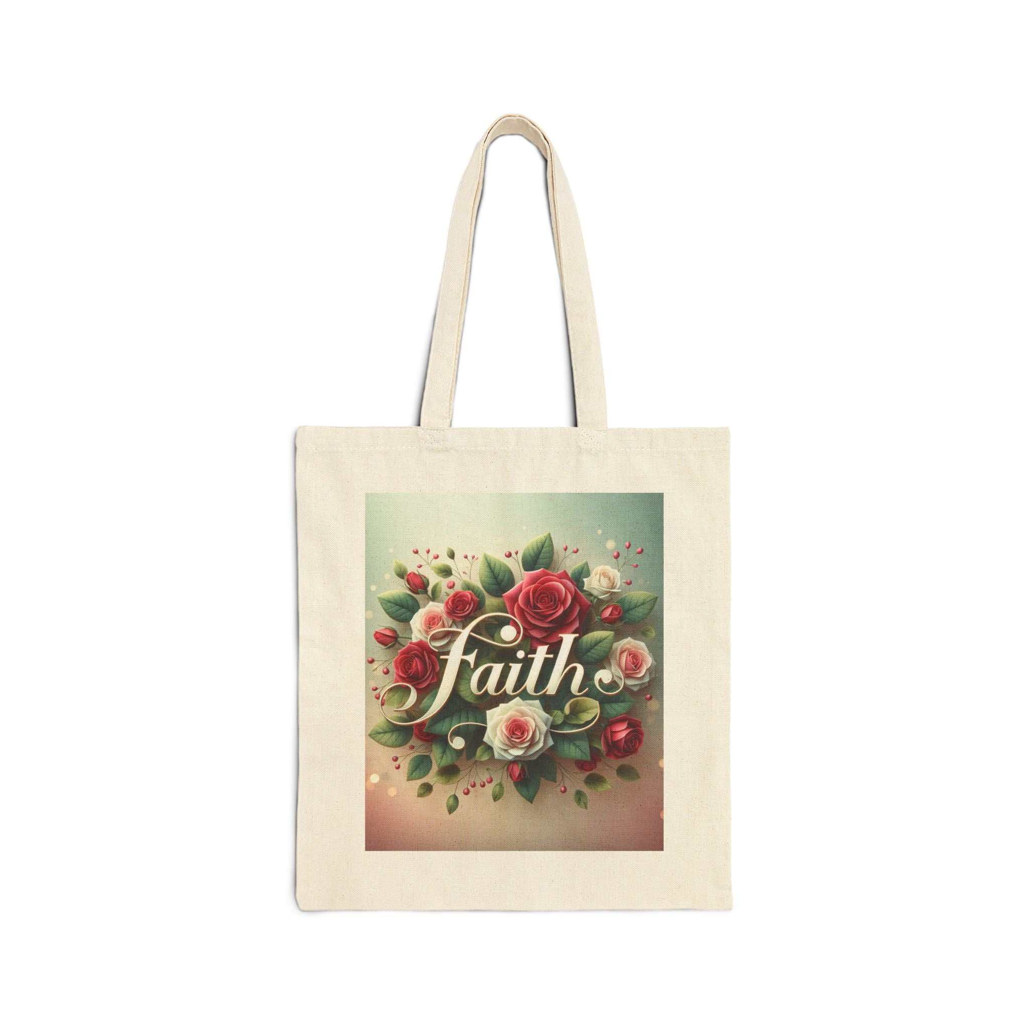 Christian gifts tote bag with faith floral design, 100% cotton canvas, durable and stylish everyday carry bag.