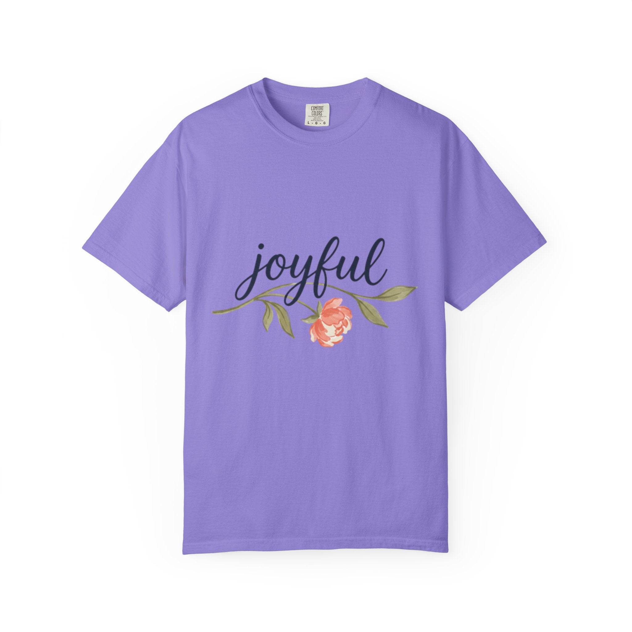 Joyful Flower T-Shirt for Women in lavender color with floral graphic design, promoting positivity and style.