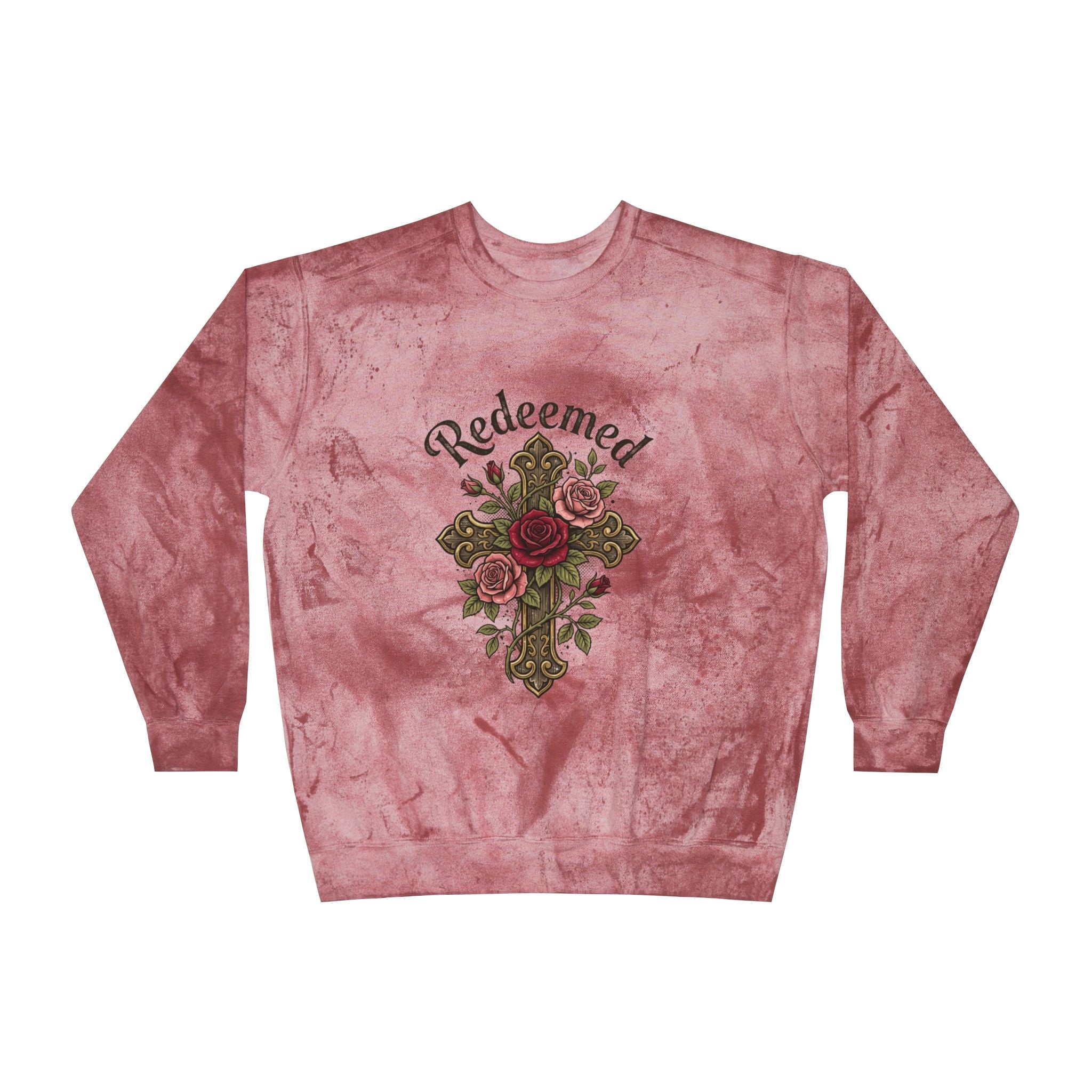 Christian sweatshirt featuring a hand-drawn cross with roses and the word 'Redeemed' on a vintage-style Pink Tie-Dye crewneck.