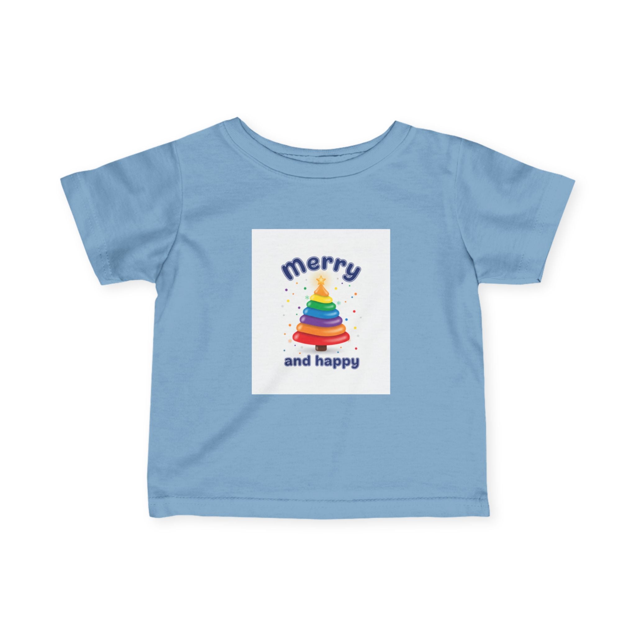 Infant Tee — "Merry and Happy" Rainbow Tree Holiday Baby Shirt light blue