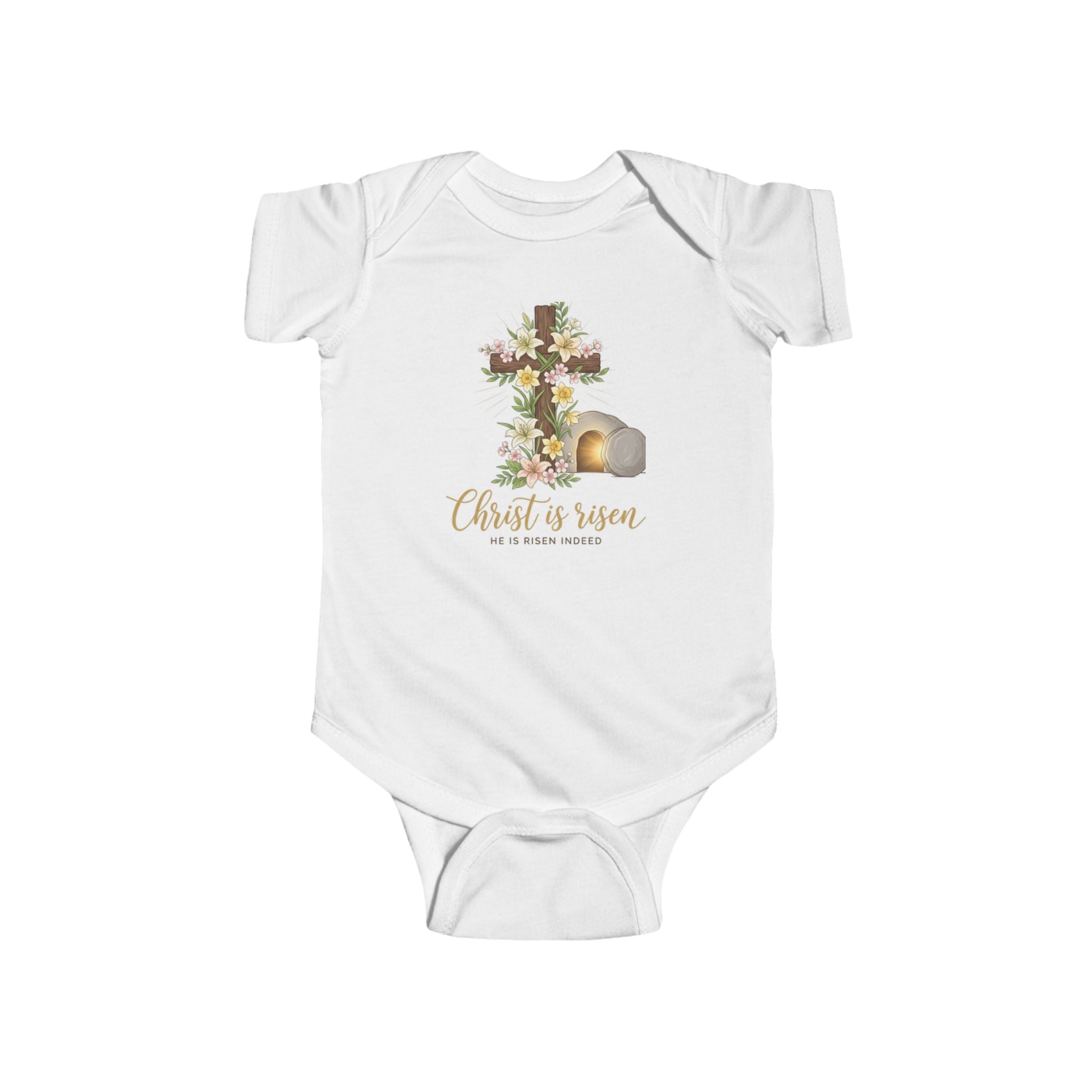 Infant Bodysuit - "Christ Is Risen" Easter Cross Floral Baby Onesie - faithcovenant