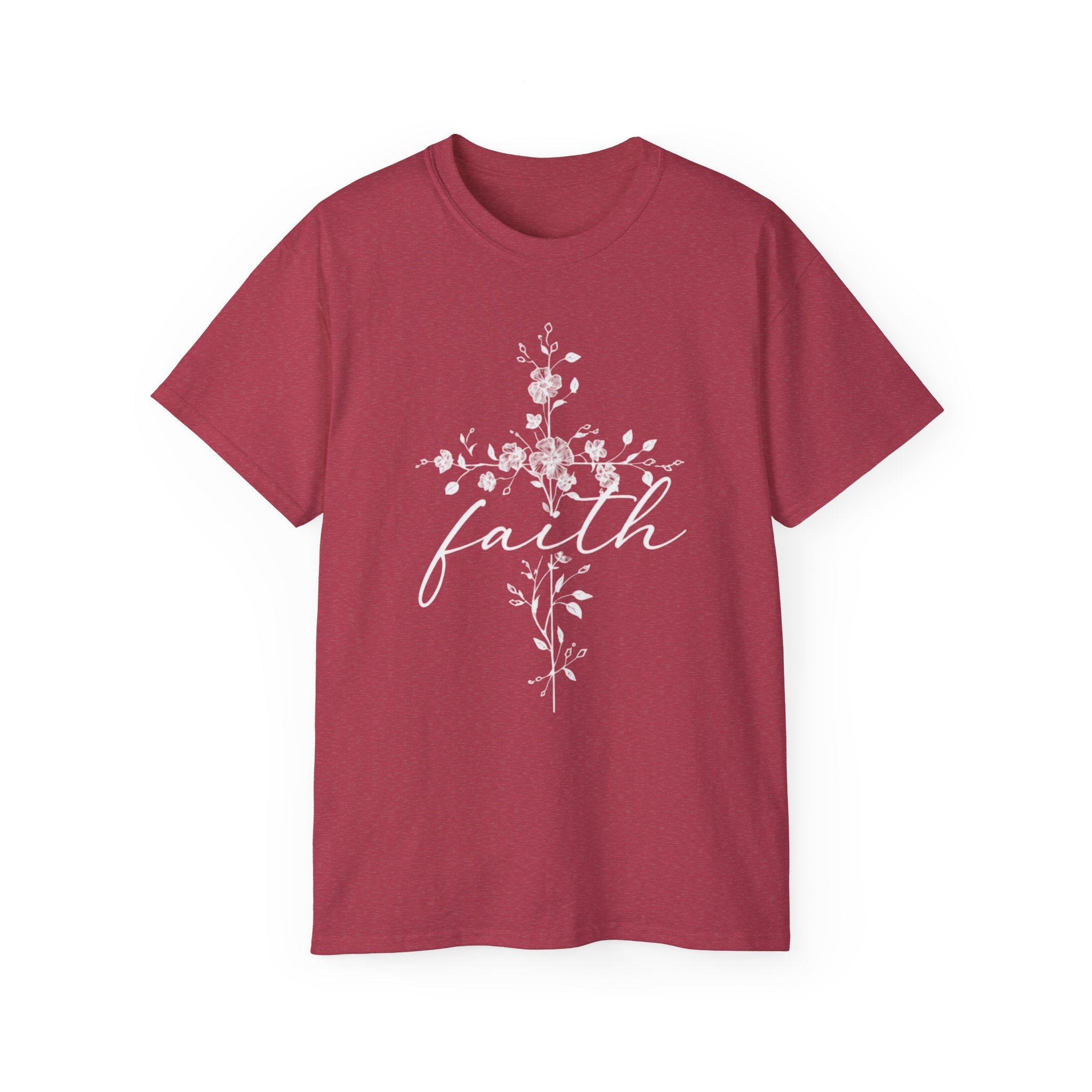 Faith Floral Cross T-Shirt for Women in burgundy with floral cross design.