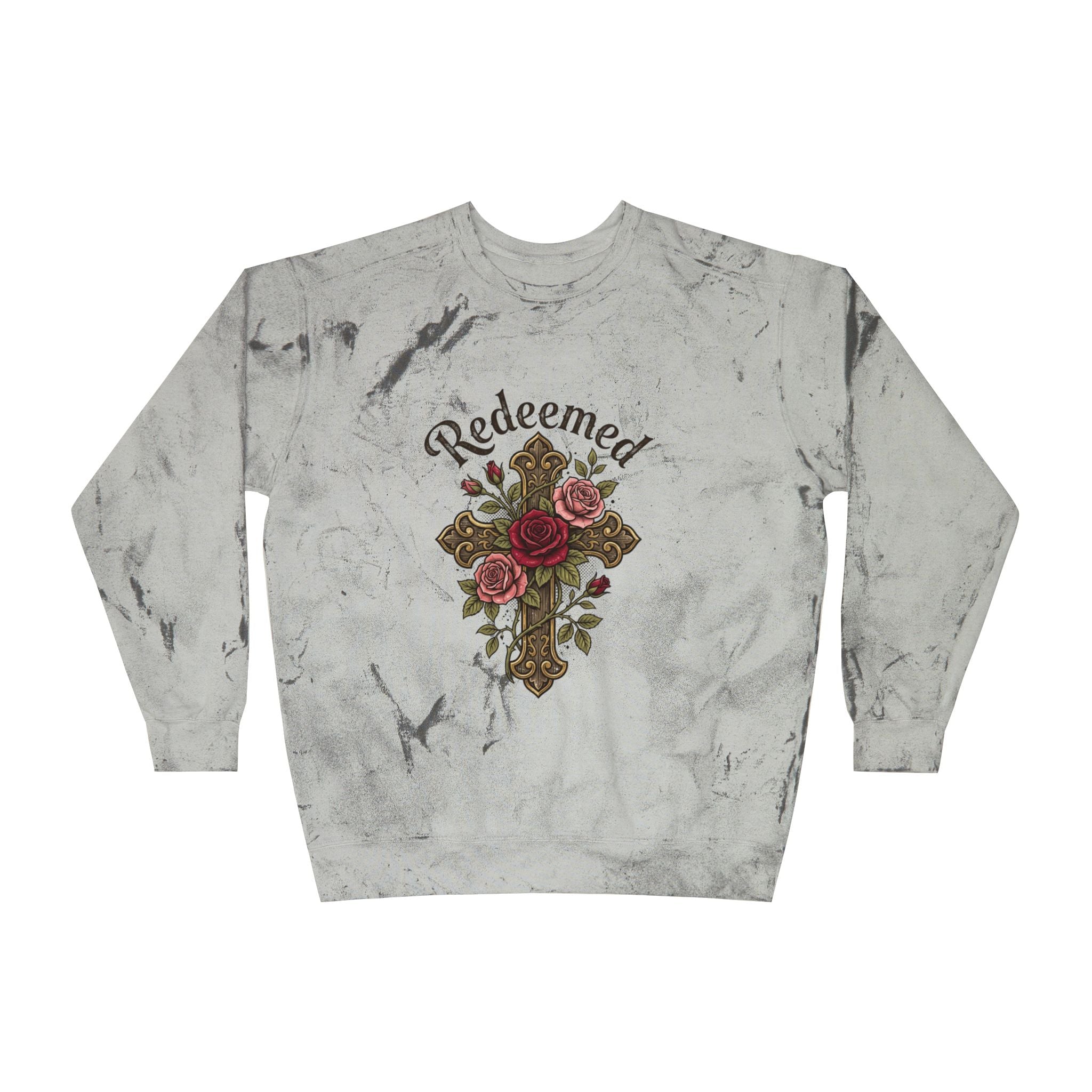 Christian sweatshirt featuring a vintage-inspired graphic of a cross wrapped in roses and the word 'Redeemed'.