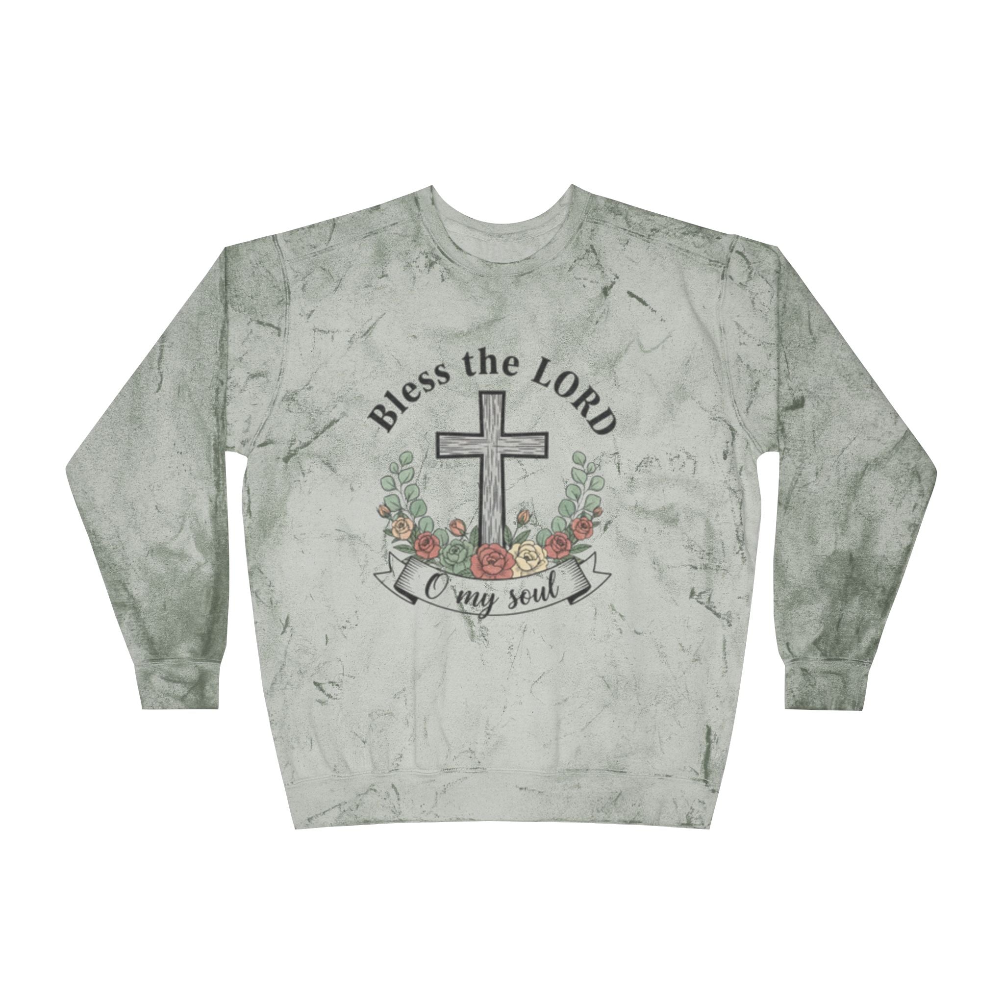 Christian sweatshirt Pullover featuring 'Bless the Lord O my soul' and Easter cross design on a gray background.
