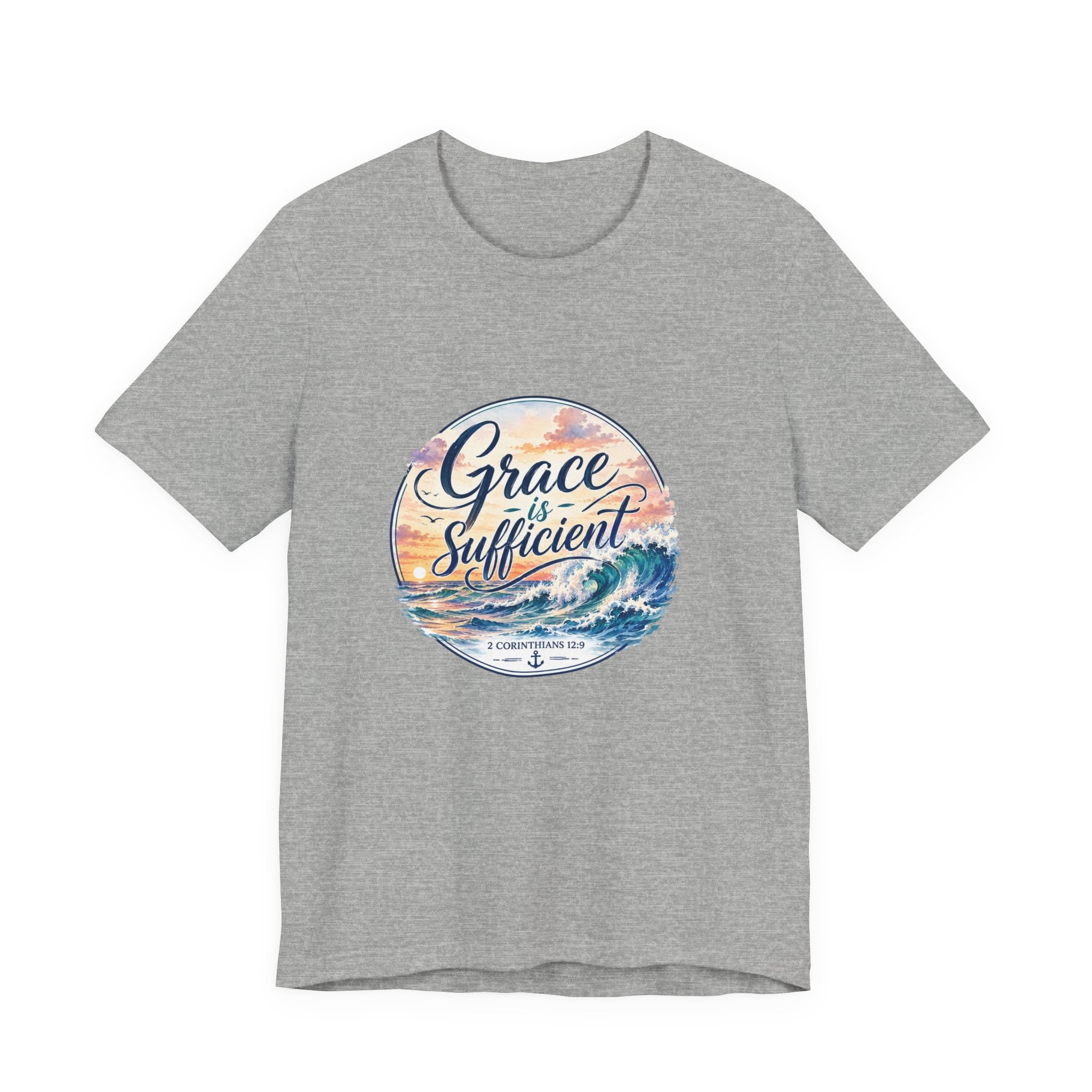 Grace Is Sufficient Tee featuring seaside design and ocean wave texture on a gray t-shirt.