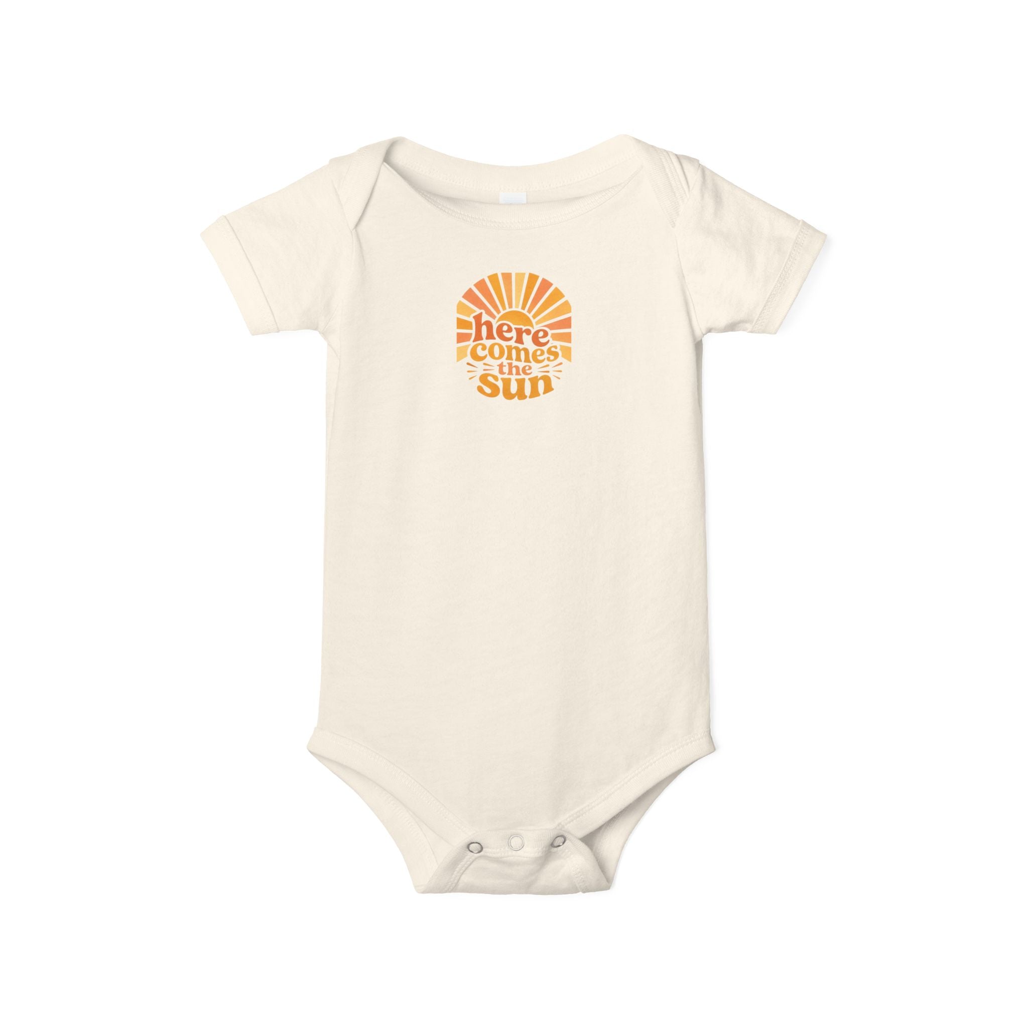 Cute Baby Bodysuit featuring uplifting phrase "Here Comes The Sun" designed for infants and newborns.
