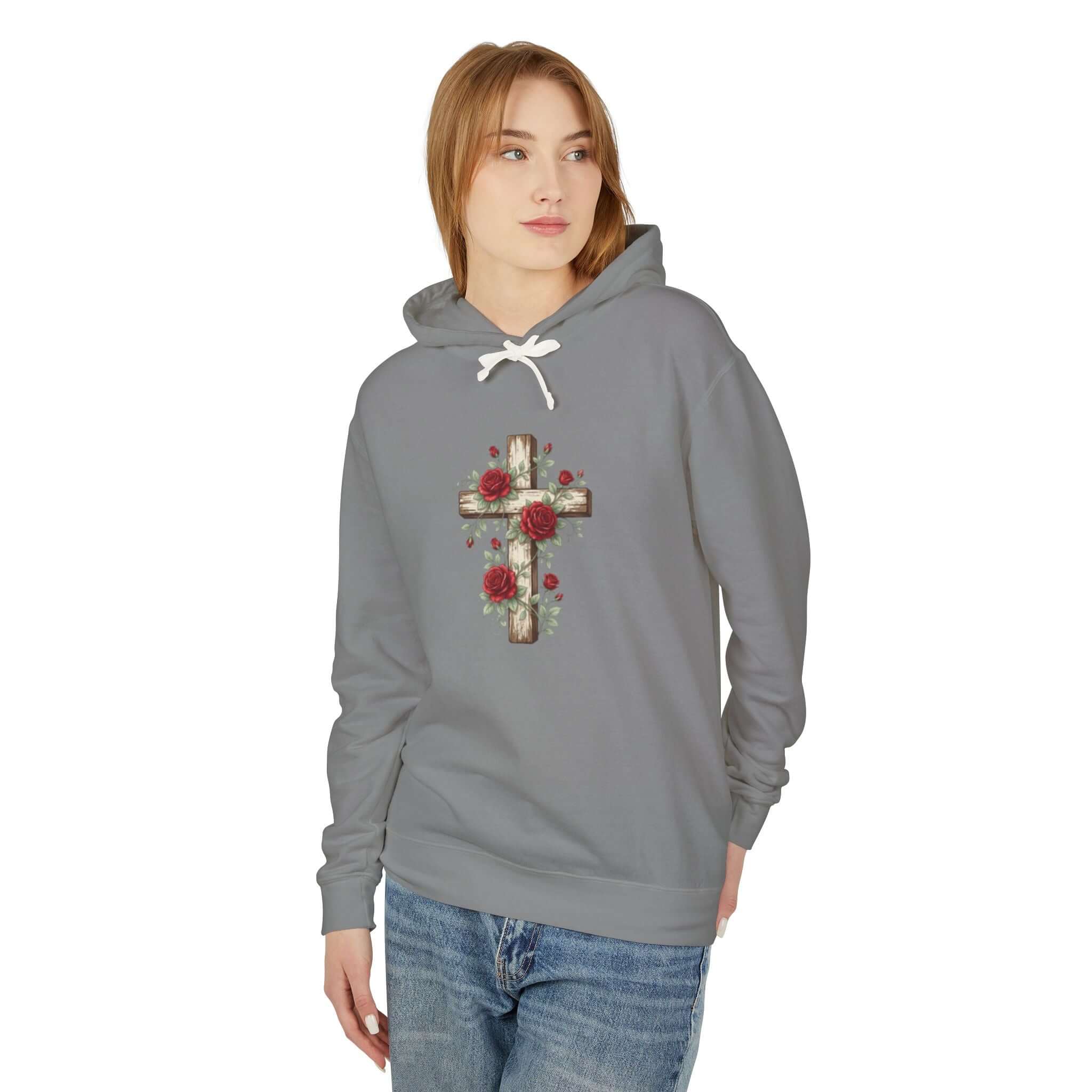 Christian sweatshirt featuring a gray cross design, perfect for casual wear and expressing faith.
