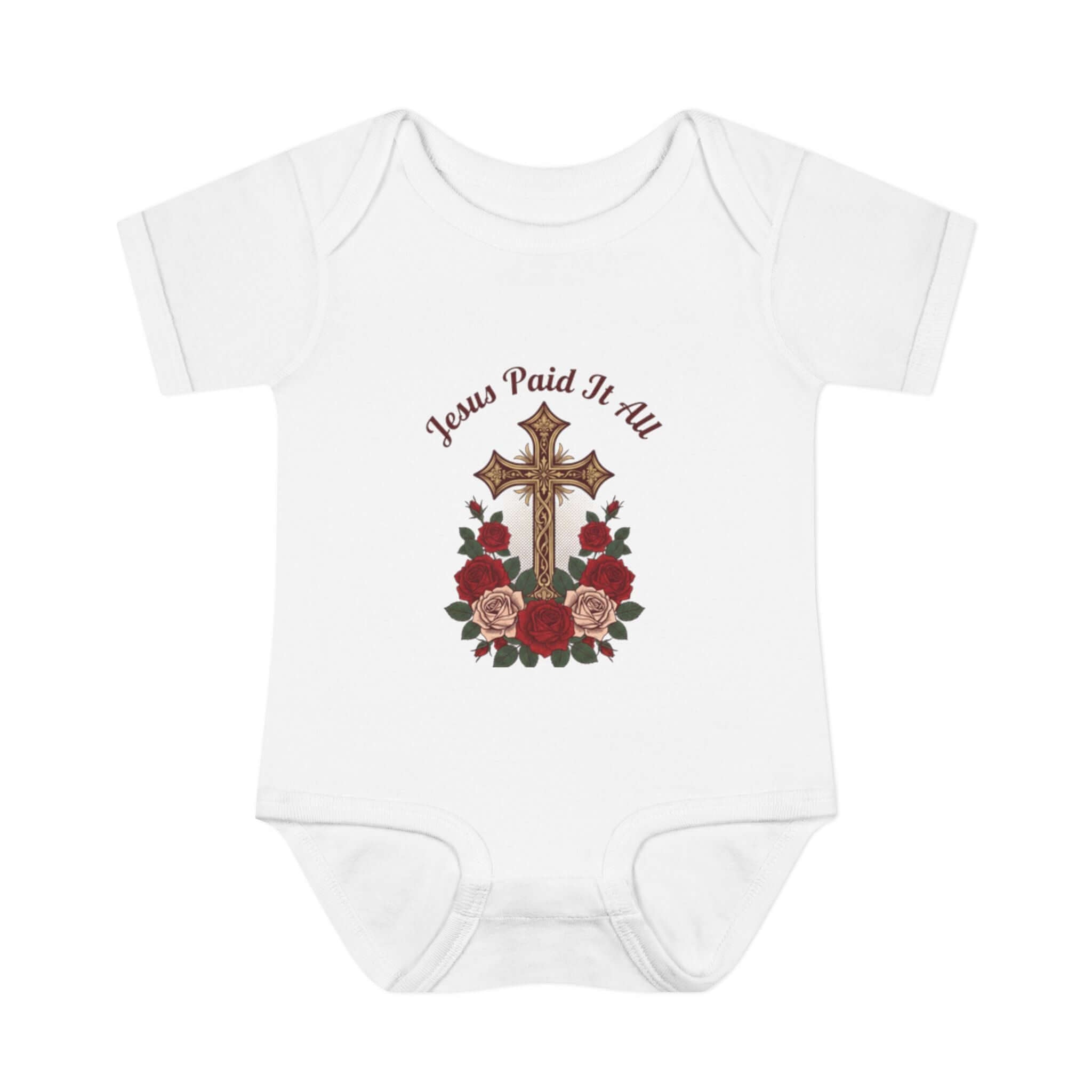 Baby Apparel white infant bodysuit featuring cross and "Jesus Paid It All" design with floral accents.