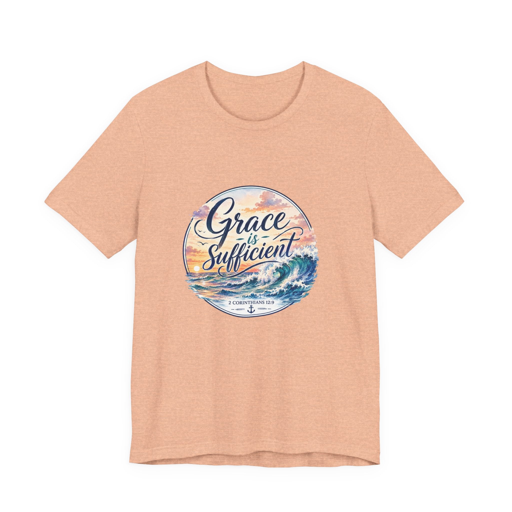 Grace Is Sufficient Tee in peach with seaside design featuring waves and sunset colors.