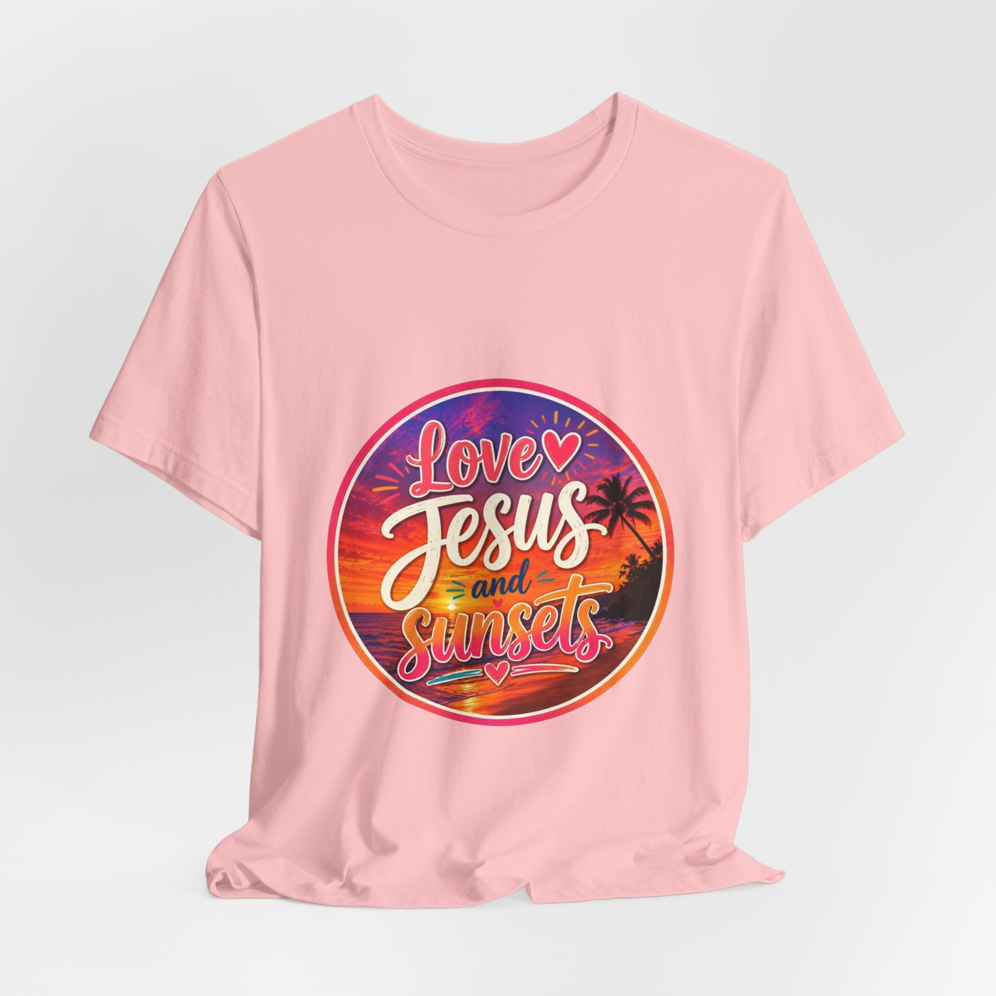 Christian Faith Palm Tree Sunset T-Shirt with vibrant sunset-inspired print reading 'Love Jesus and Sunsets'
