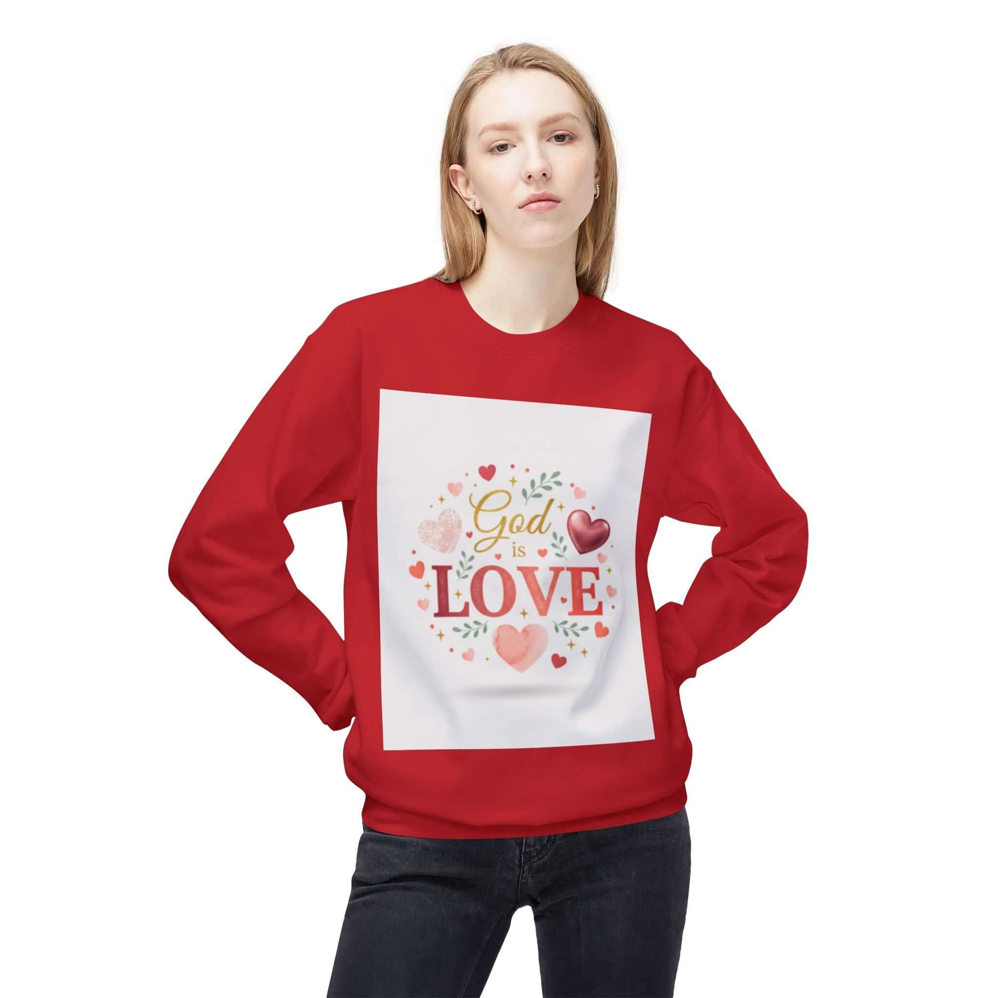 christian sweatshirt featuring a design with 'God is Love' surrounded by hearts on a red crewneck