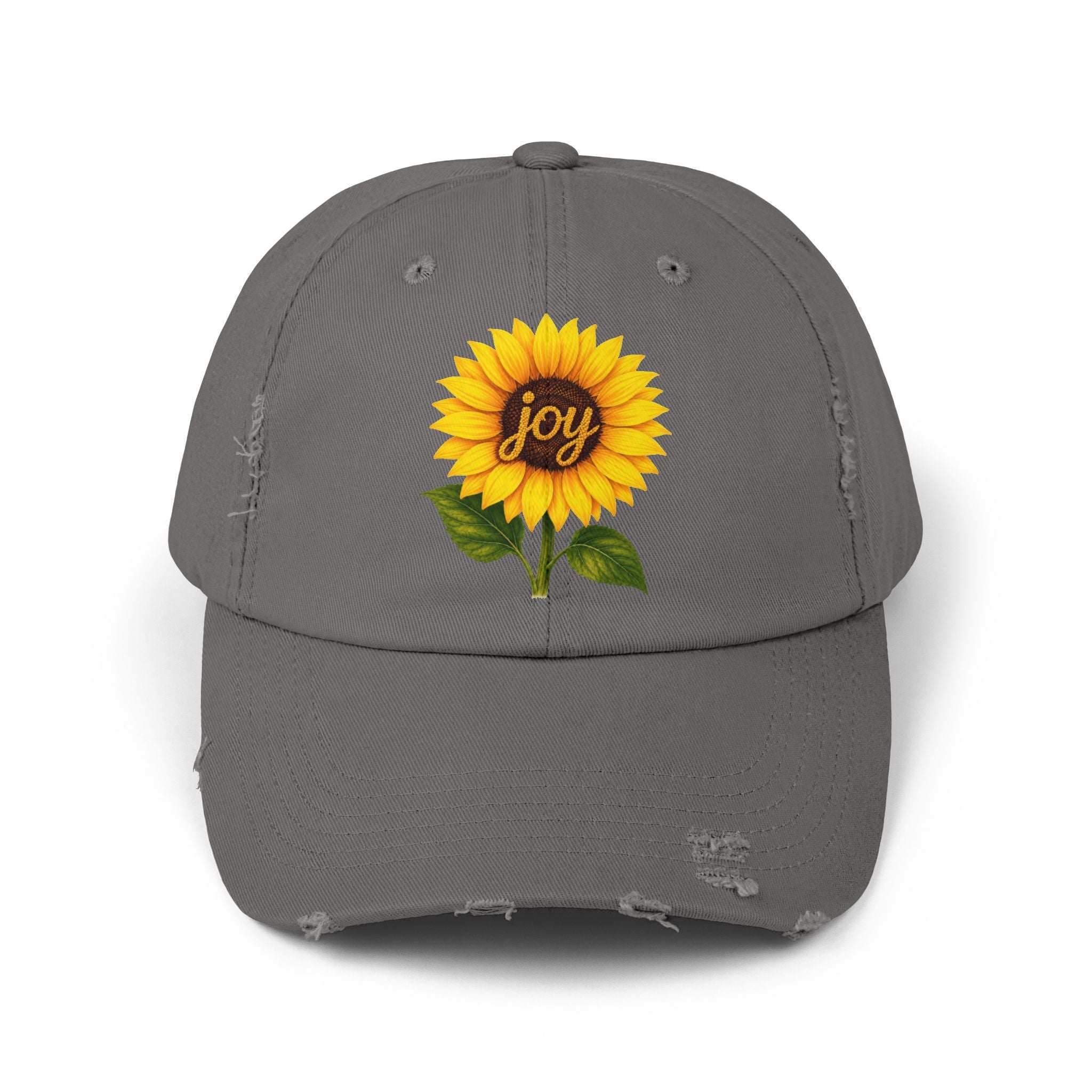 Sunflower Joy Distressed Cap featuring a hand-painted sunflower design with the word joy on a grey cap.