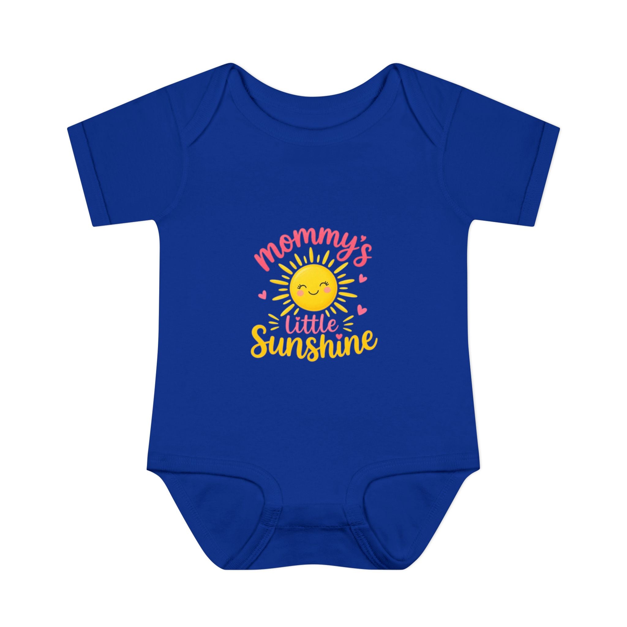 mommy's little sunshine bodysuit featuring a cheerful sun design on a blue background.
