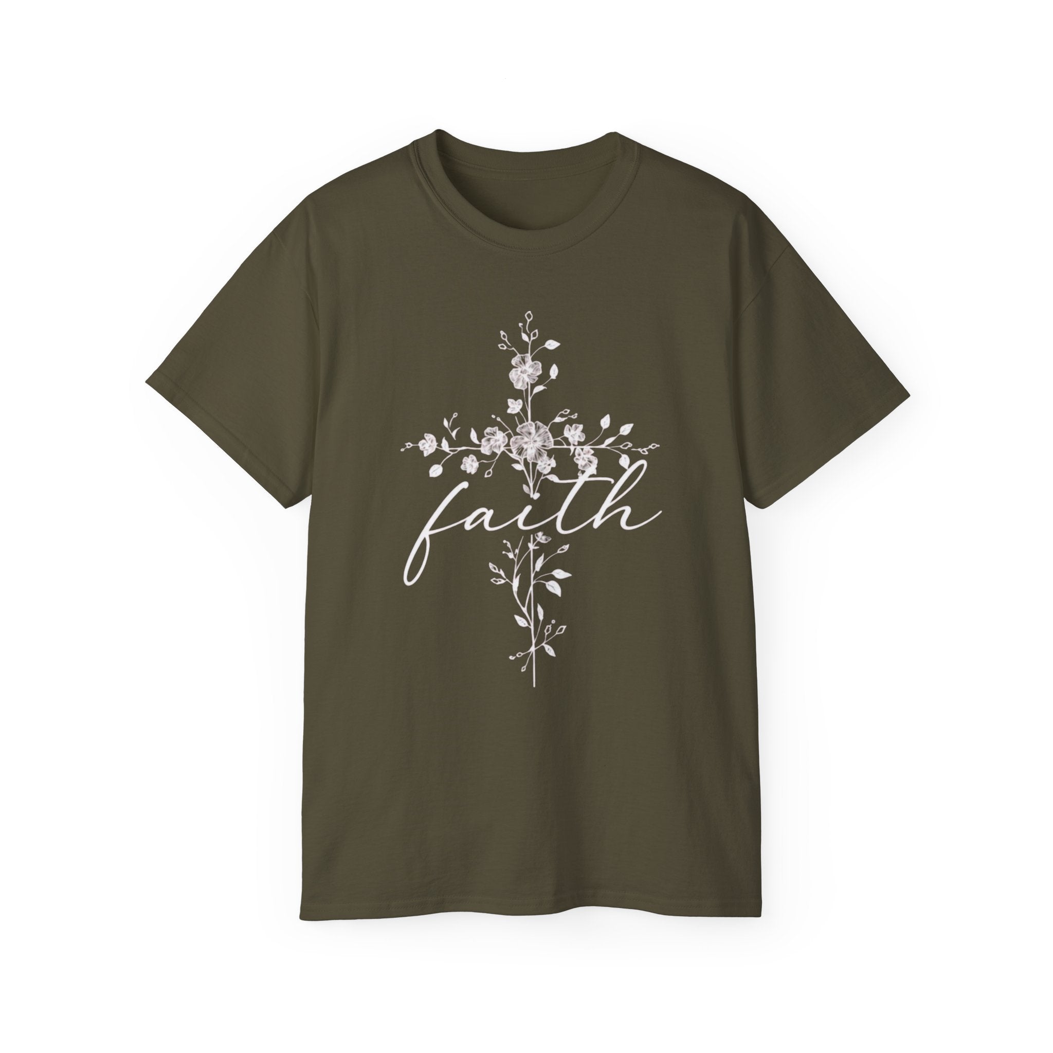 Faith Floral Cross T-Shirt for Women featuring a floral cross design on an olive green background.