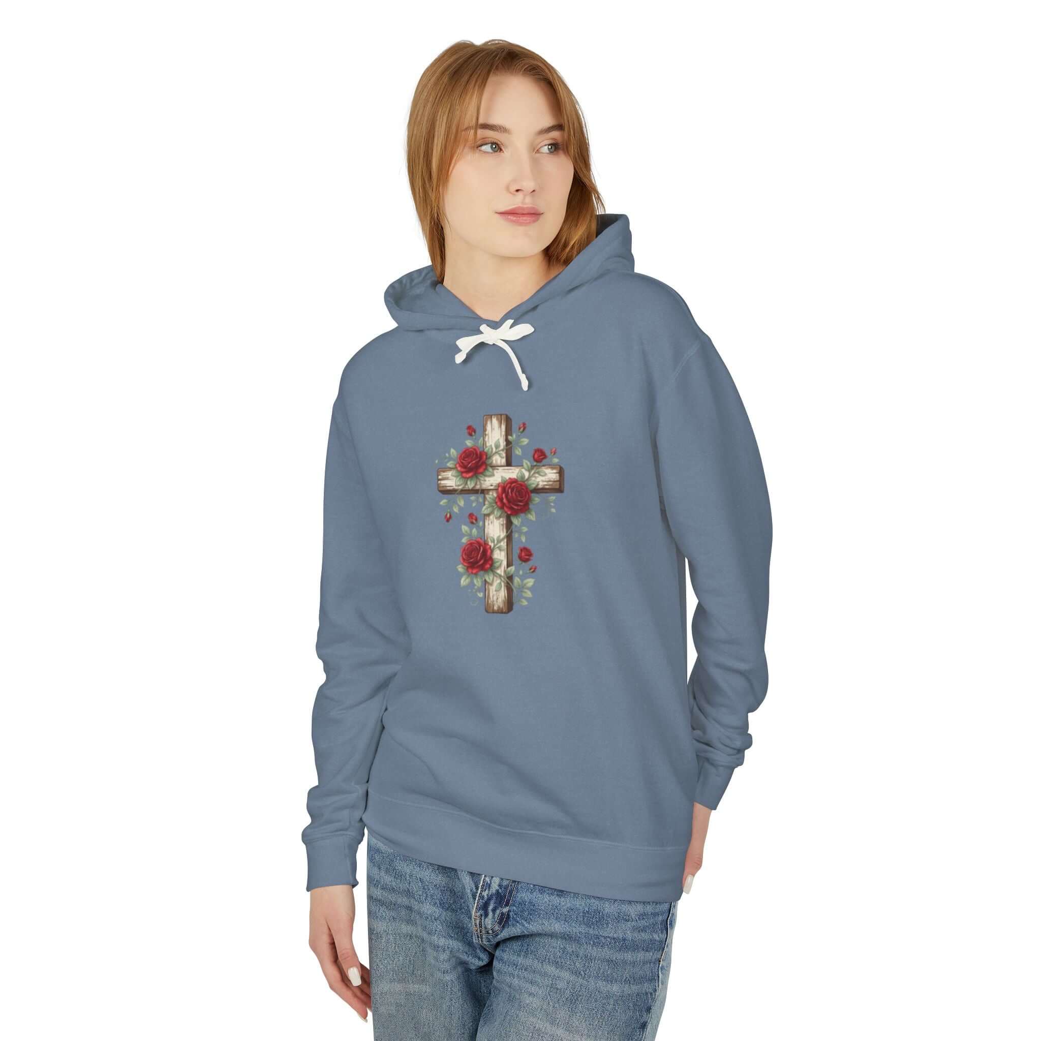 Christian sweatshirt featuring a slate blue cross design, perfect for casual wear and expressing faith.