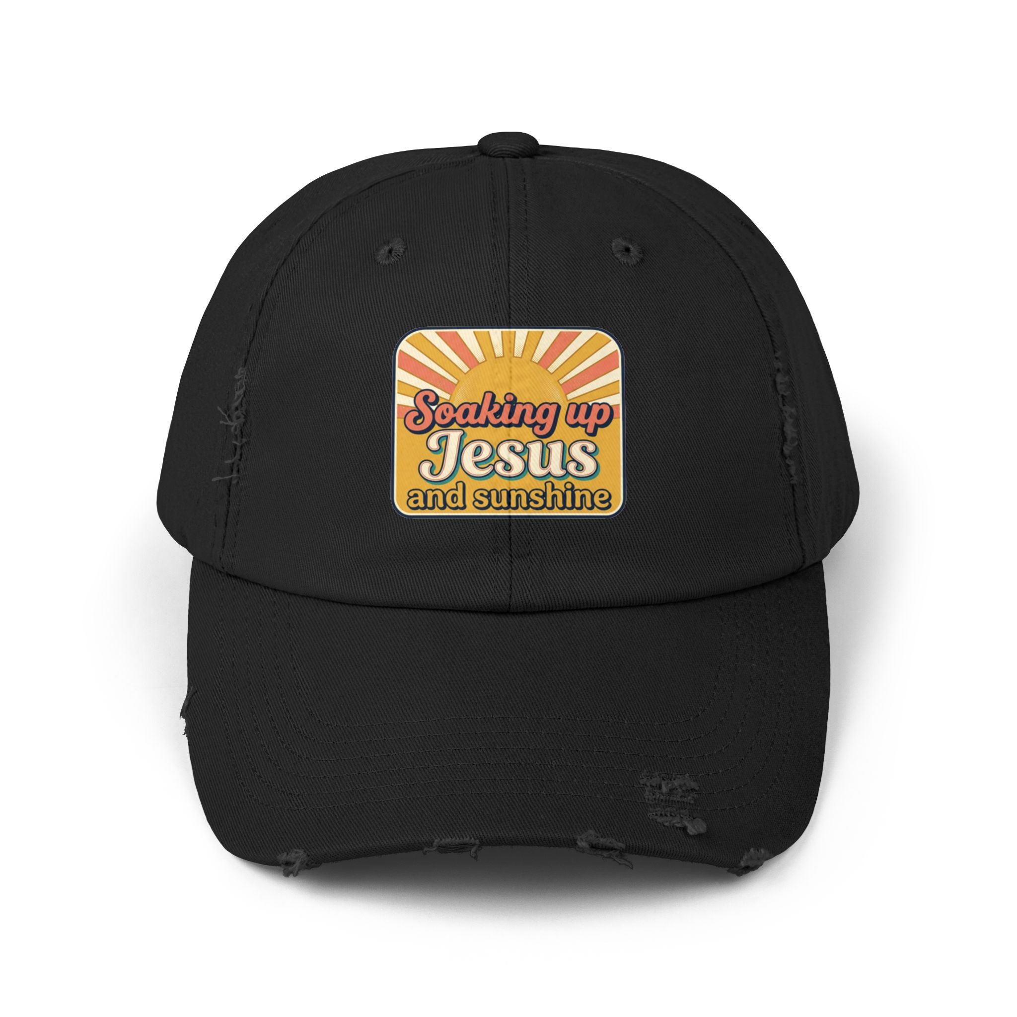 Distressed Baseball Cap — “Soaking Up Jesus and Sunshine” Retro Faith Hat