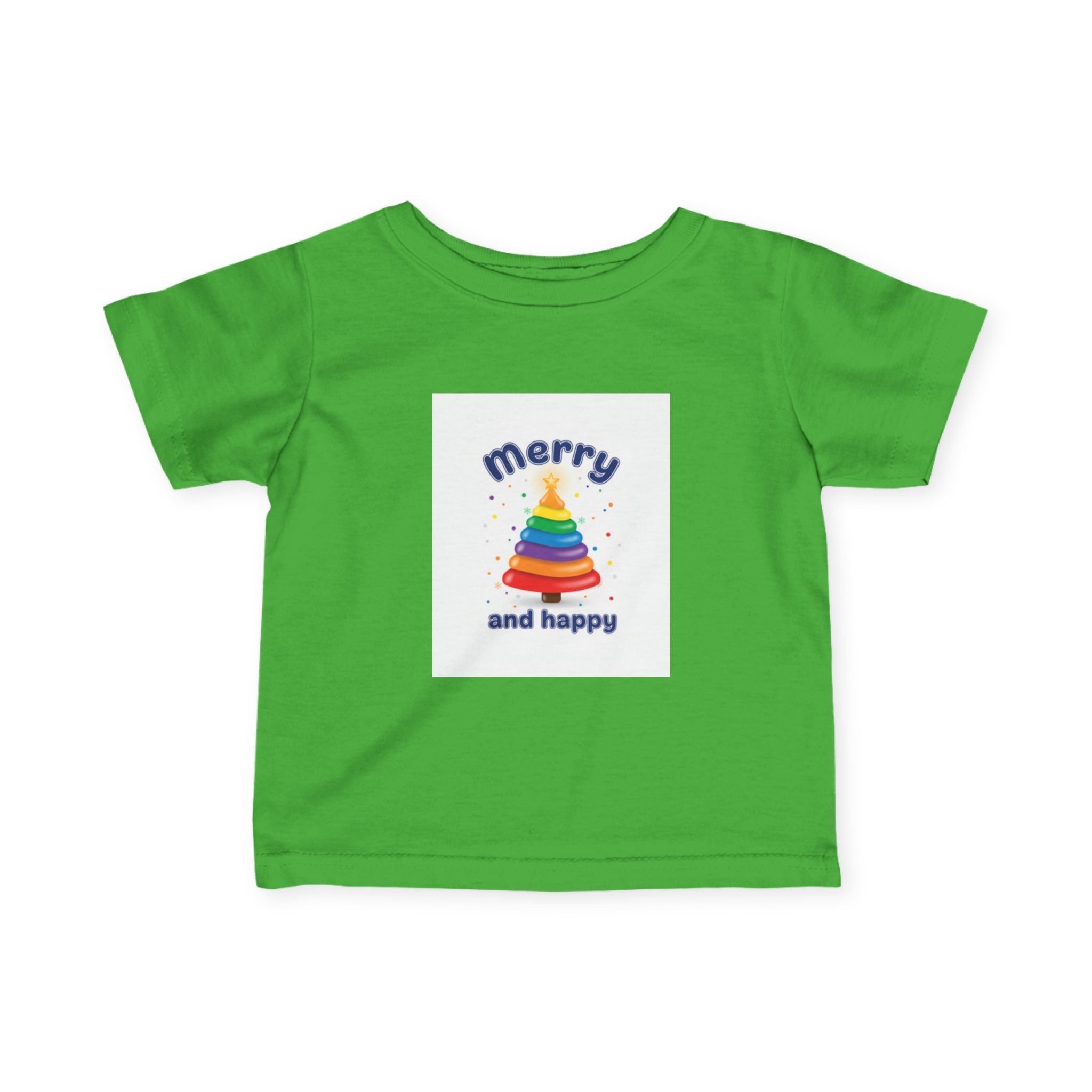 Infant Tee — "Merry and Happy" Rainbow Tree Holiday Baby Shirt green