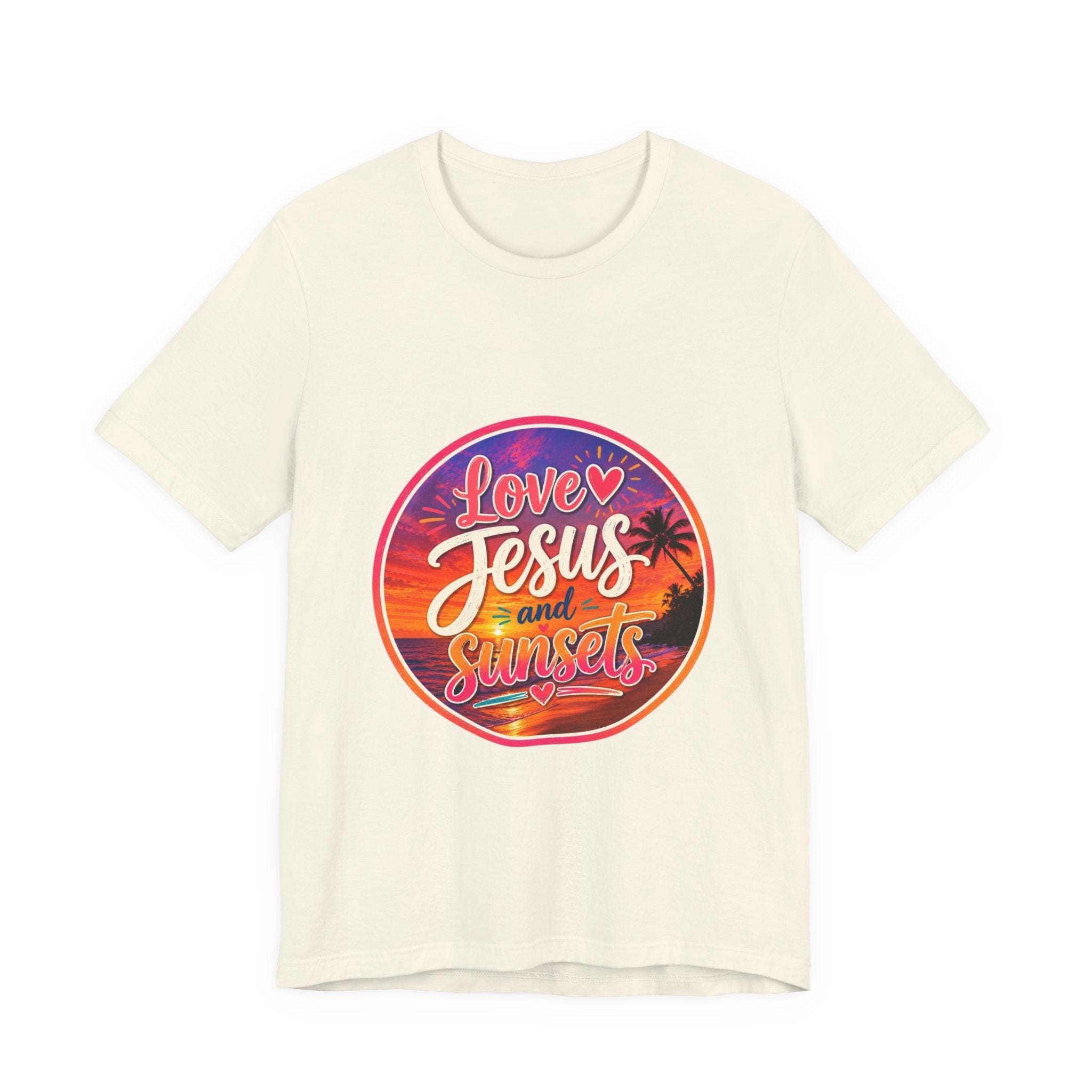 Christian Faith Palm Tree Sunset T-Shirt featuring a vibrant sunset design with the text ‘Love Jesus and Sunsets’