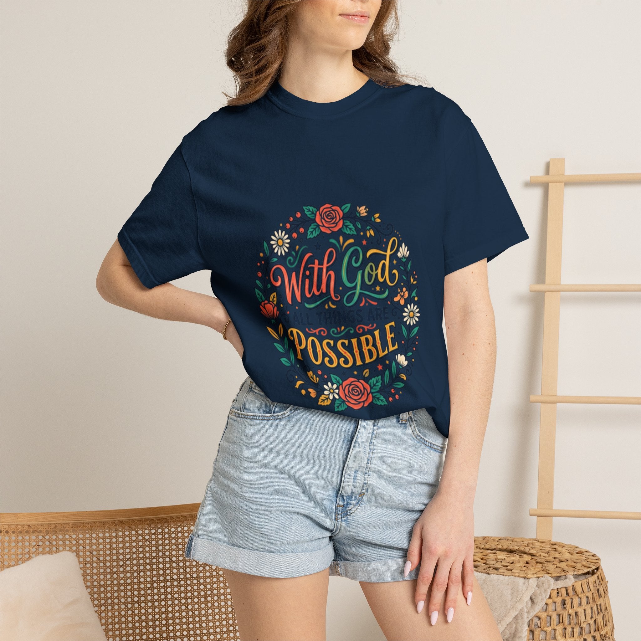 T-Shirt — "With God All Things Are Possible" Floral Faith Tee