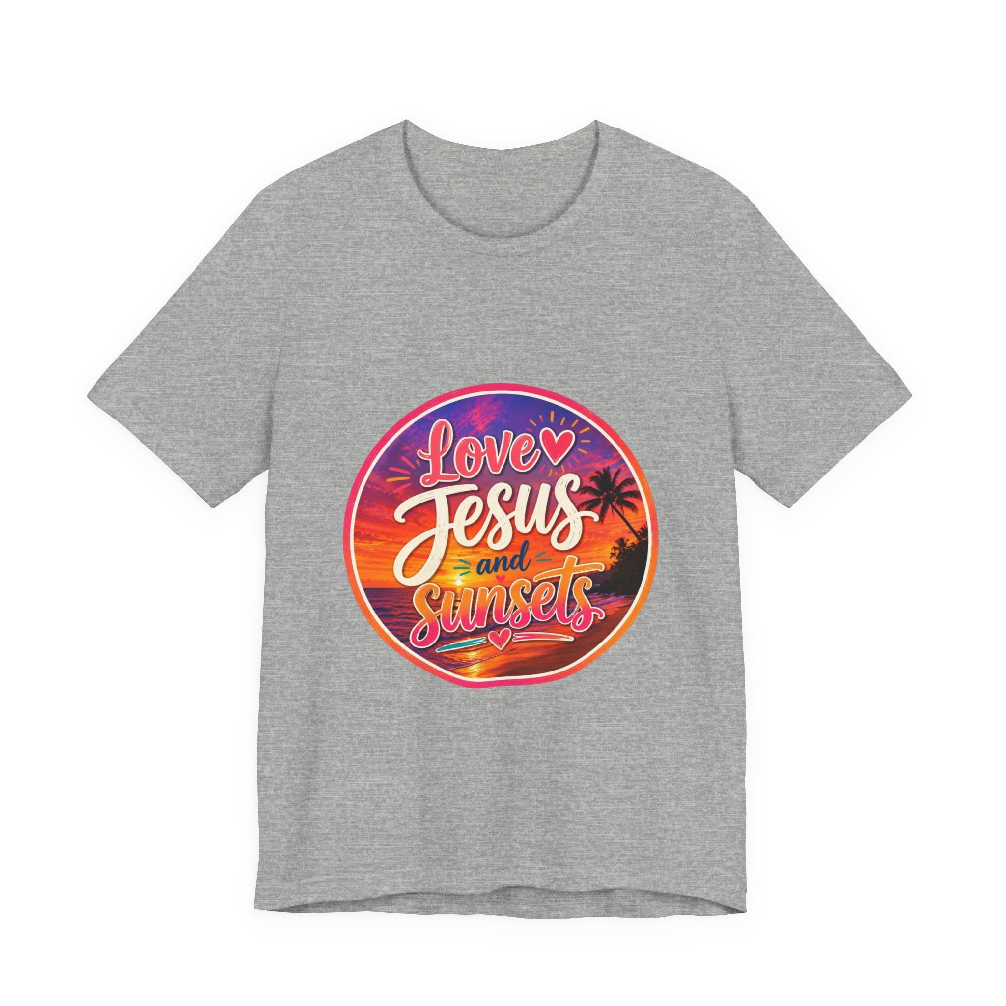 Christian Faith Palm Tree Sunset T-Shirt featuring a vibrant print that reads 'Love Jesus and Sunsets'.