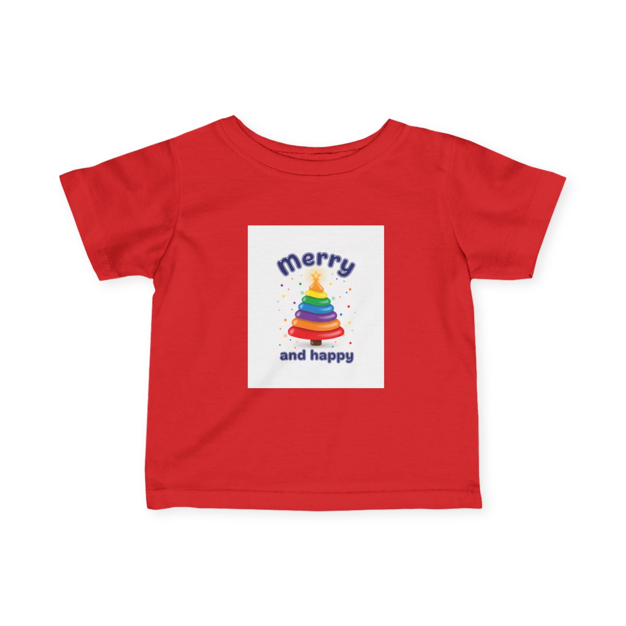 Infant Tee — "Merry and Happy" Rainbow Tree Holiday Baby Shirt red