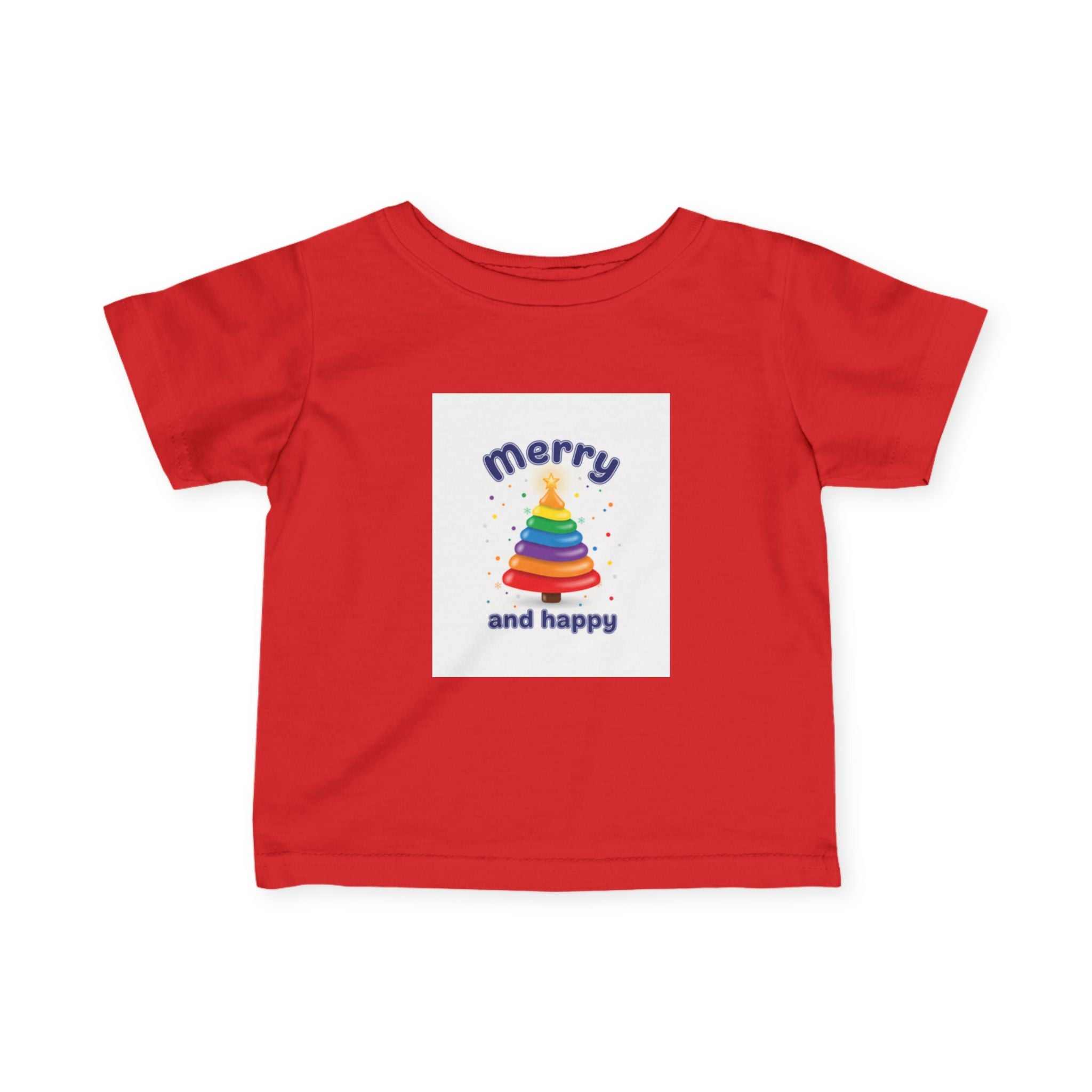 Infant Tee with rainbow holiday tree and "merry and happy" text, soft cotton baby shirt