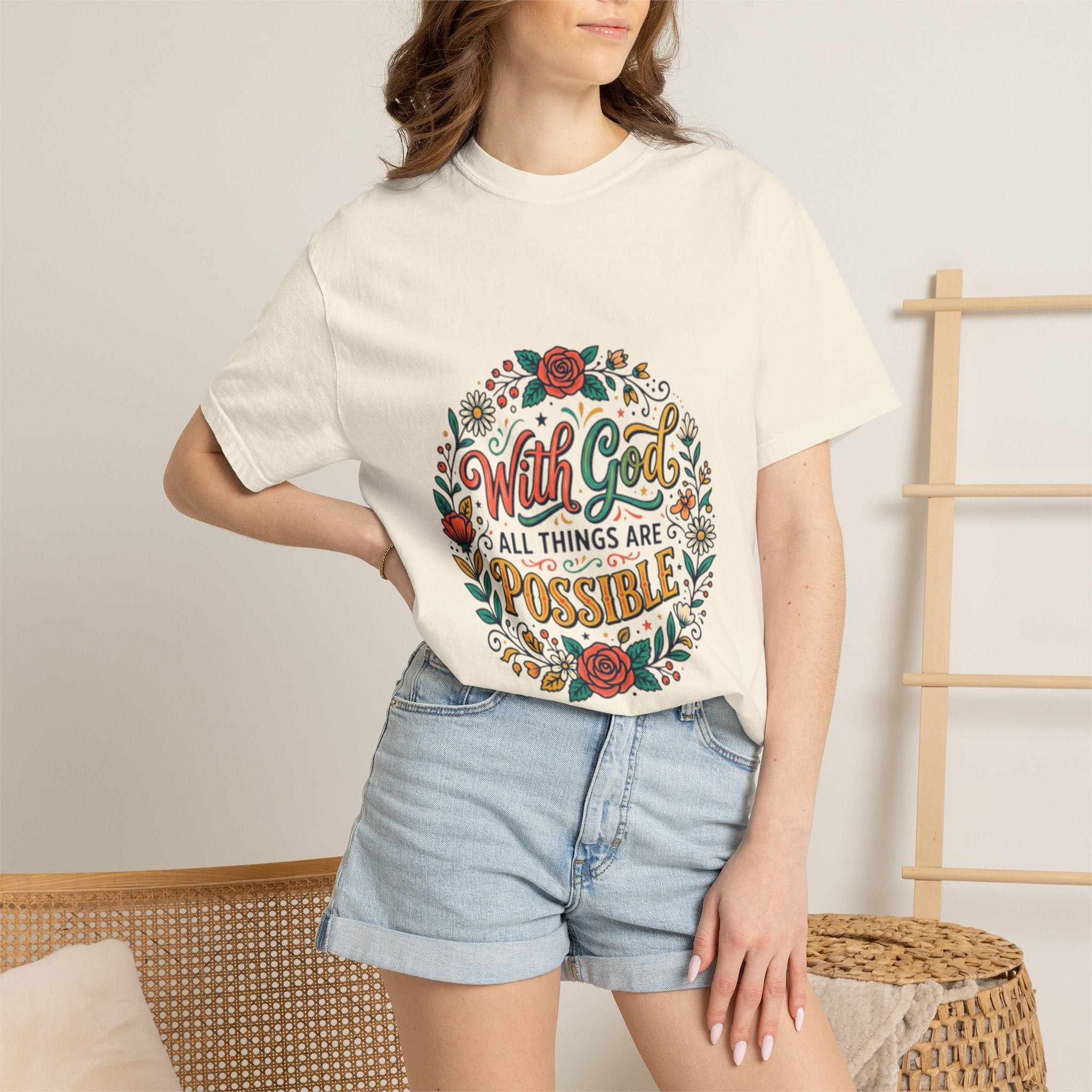 T-Shirt — "With God All Things Are Possible" Floral Faith Tee