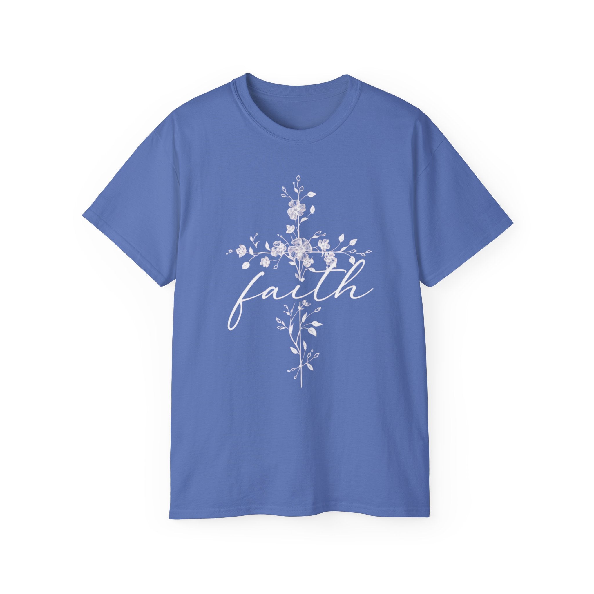 Faith Floral Cross T-Shirt for Women in blue with floral design and 'faith' text.