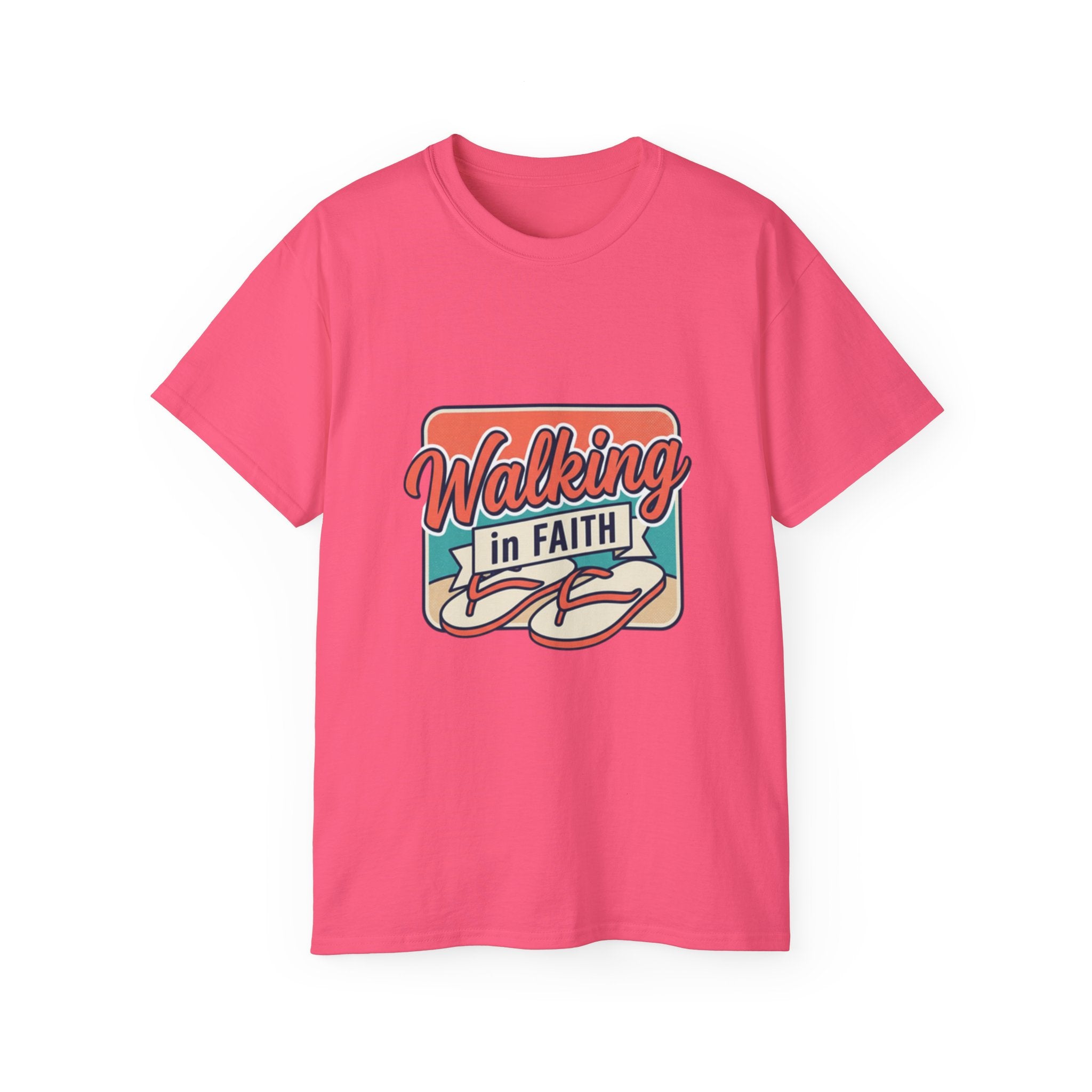 Walking in Faith Beach T-Shirt in pink with coastal design and inspirational message on front.