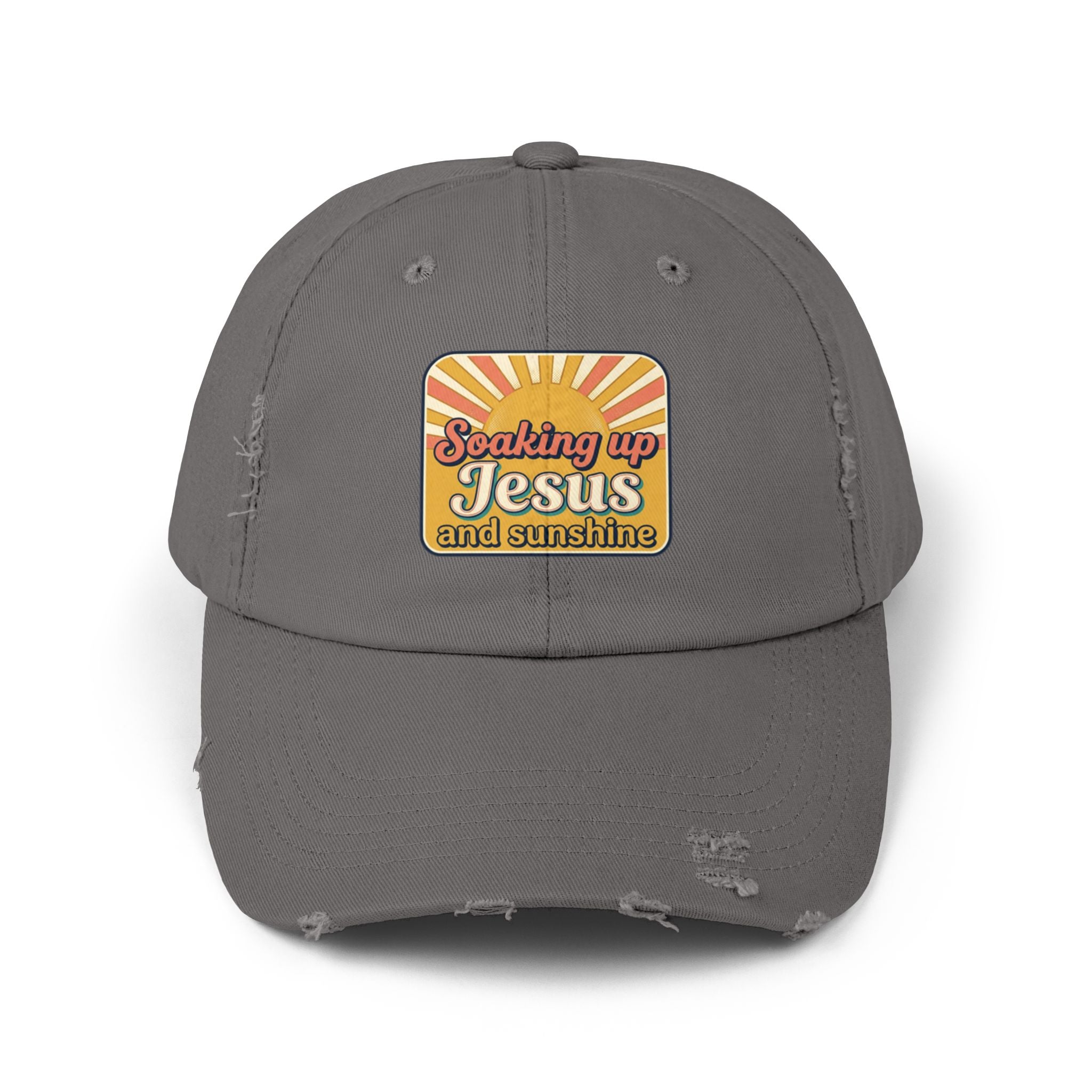 Distressed Baseball Cap — “Soaking Up Jesus and Sunshine” Retro Faith Hat