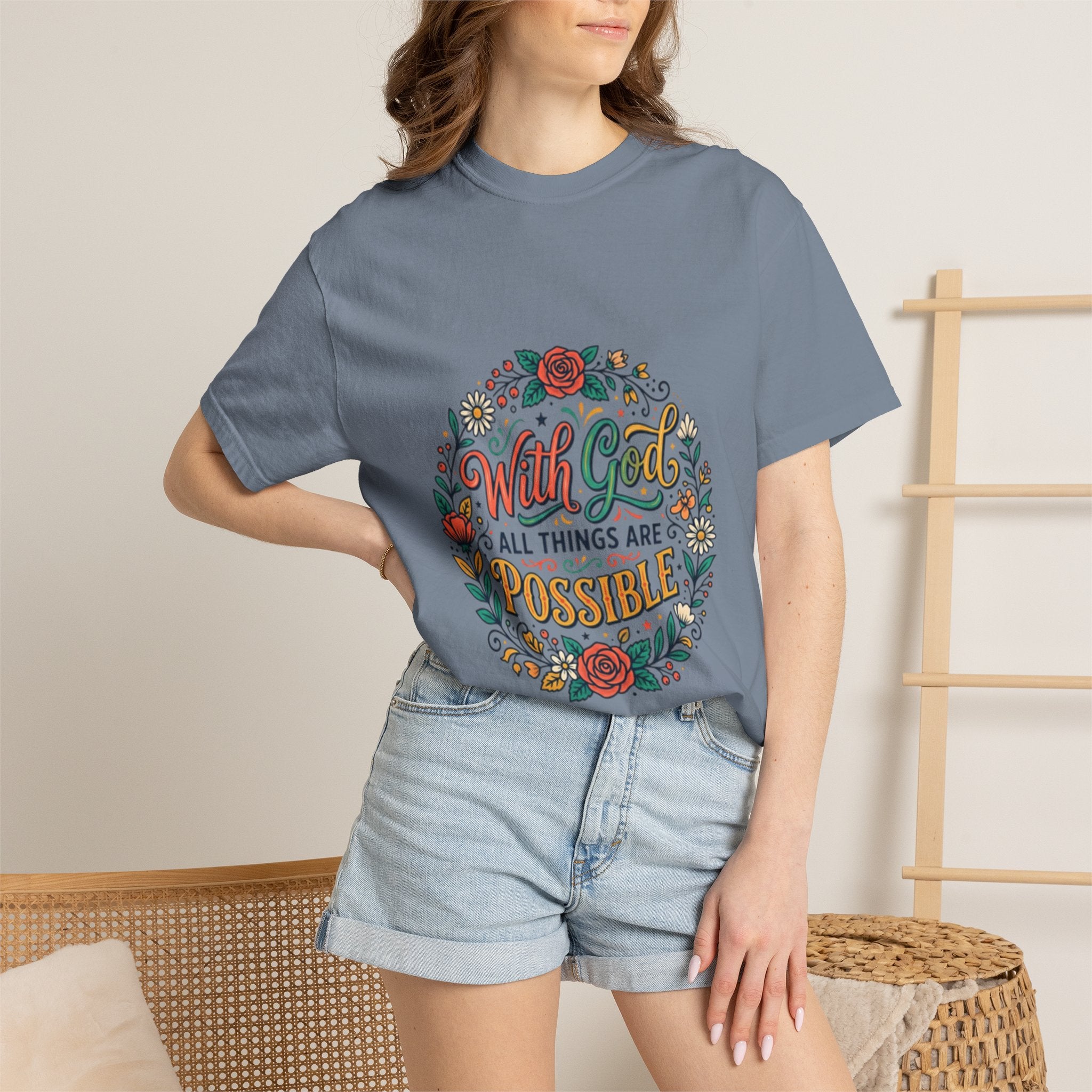 T-Shirt — "With God All Things Are Possible" Floral Faith Tee