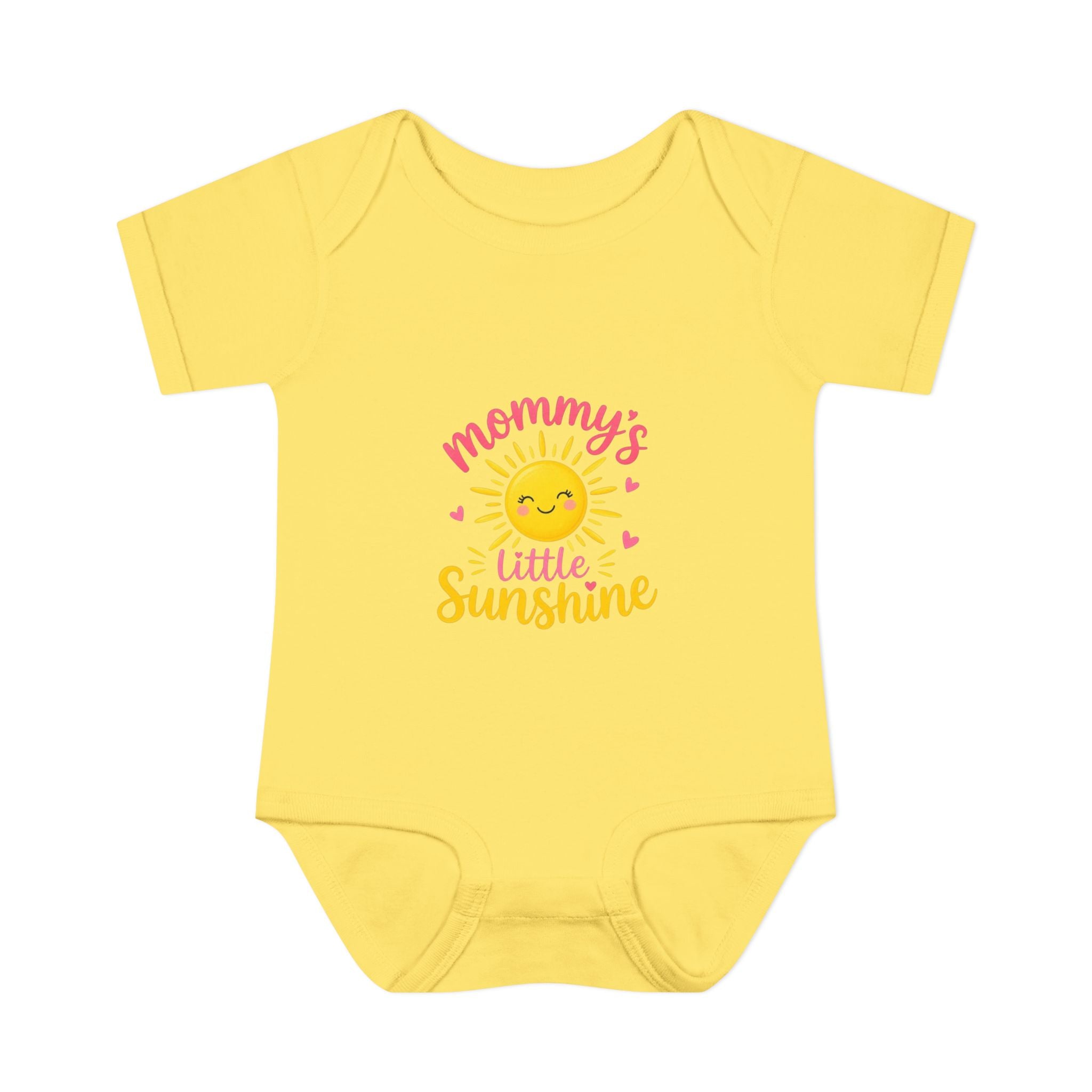 mommy's little sunshine bodysuit in yellow with cheerful sun graphic and text design