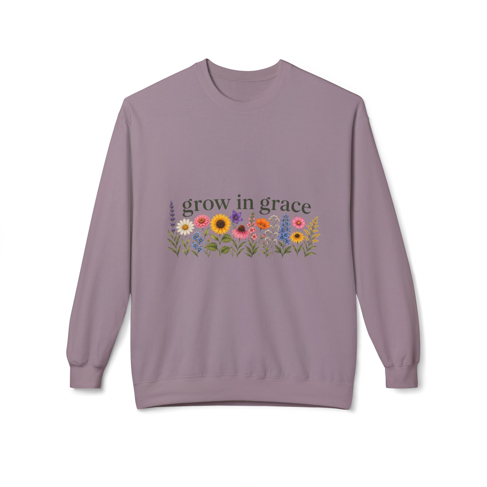Grow In Grace Flowers Sweatshirt featuring floral artwork on a soft lavender crewneck.