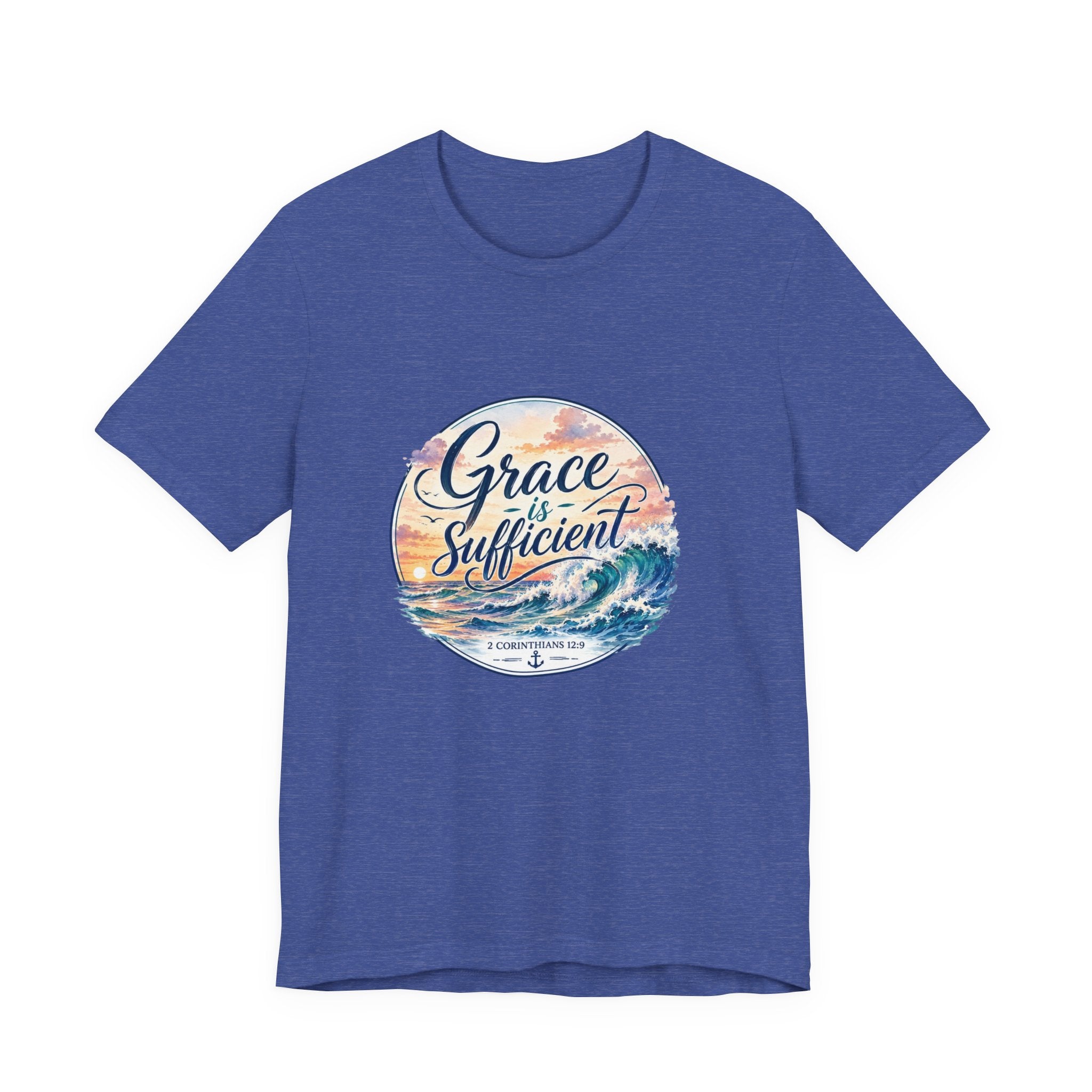 Grace Is Sufficient Tee designed with a seaside graphic featuring calming ocean waves and pastel sunset colors.