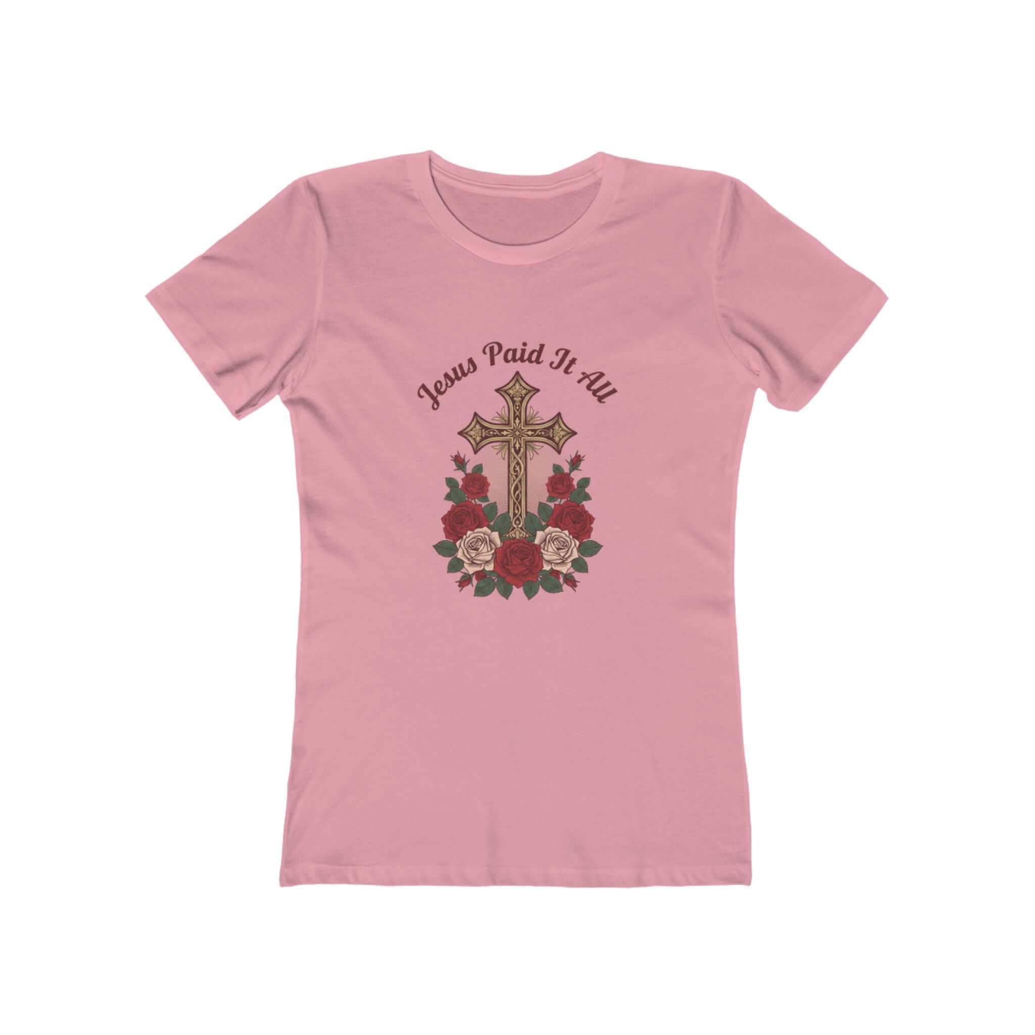 Christian T-Shirts featuring a cross and roses design with 'Jesus Paid It All' text on a pink shirt.