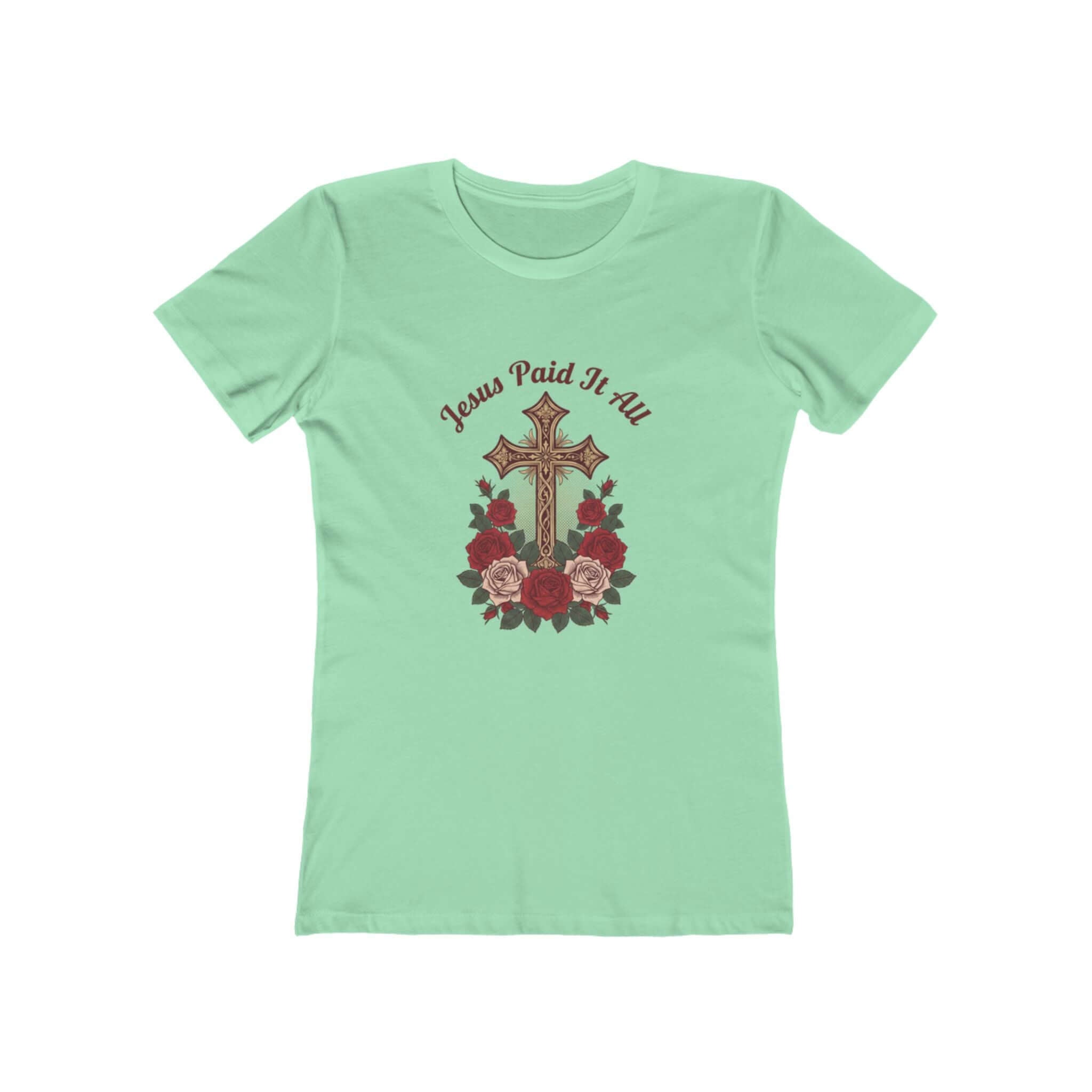 Christian T-Shirts featuring a cross and roses design with 'Jesus Paid It All' text on a green shirt.