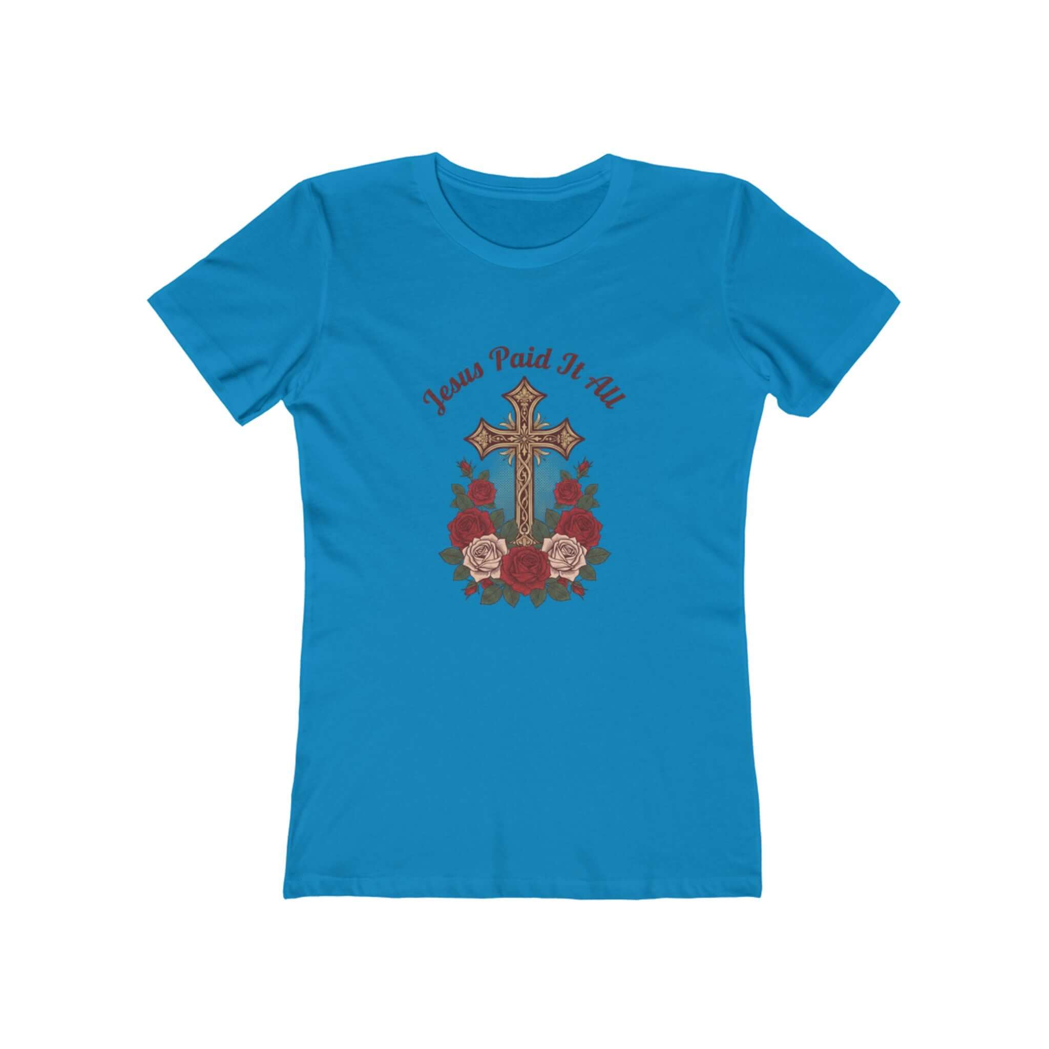 Christian T-Shirts featuring a cross and roses design with 'Jesus Paid It All' text on a blue shirt.