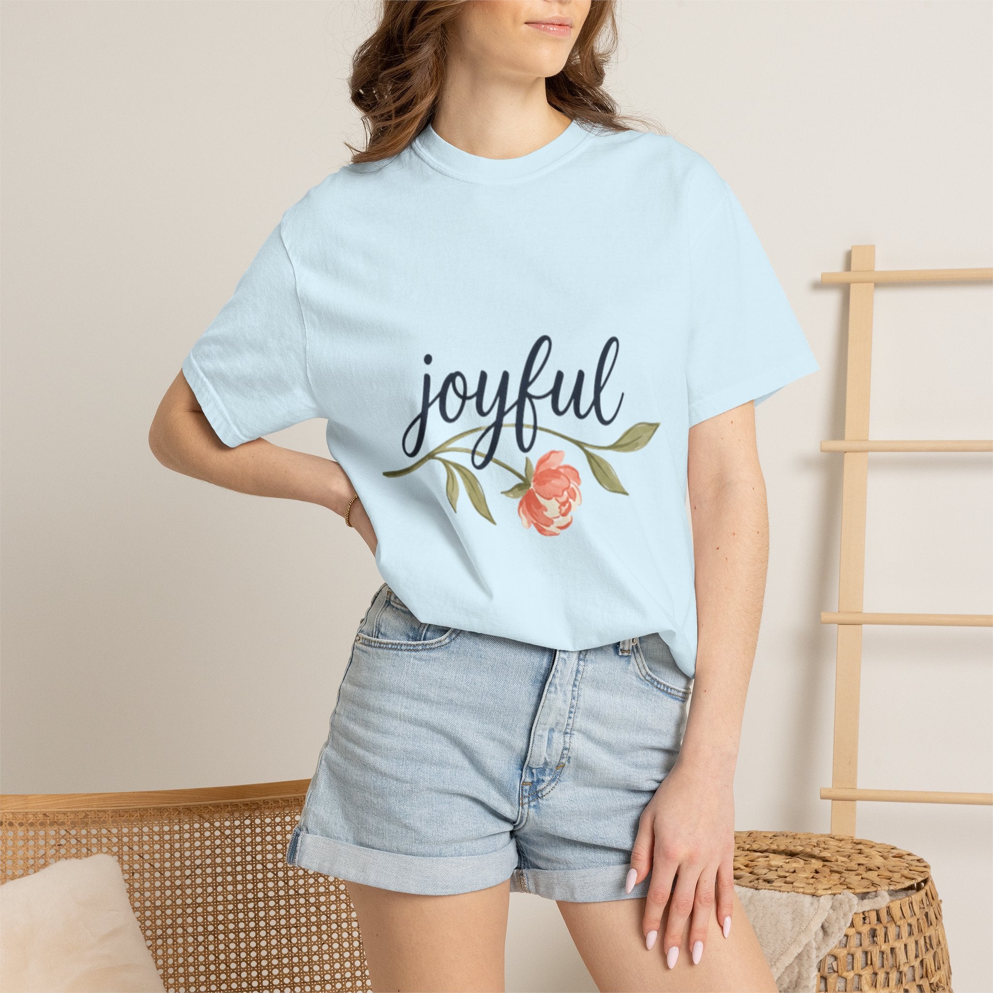 Joyful Flower T-Shirt for Women featuring floral design and light blue color, perfect for stylish everyday wear.