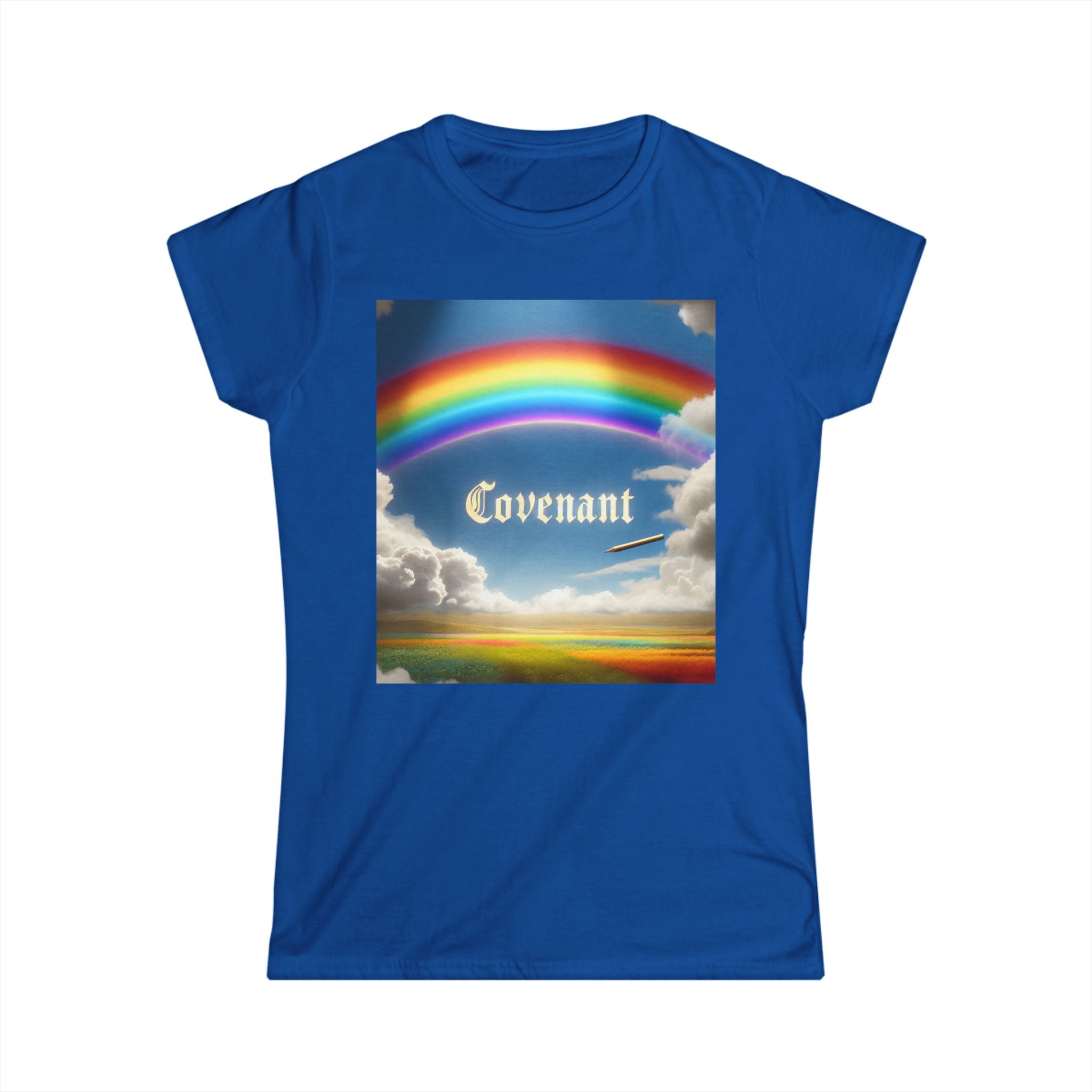 Covenant Rainbow Tee featuring a colorful rainbow design on a blue shirt, symbolizing faith and comfort in Christian apparel.ue