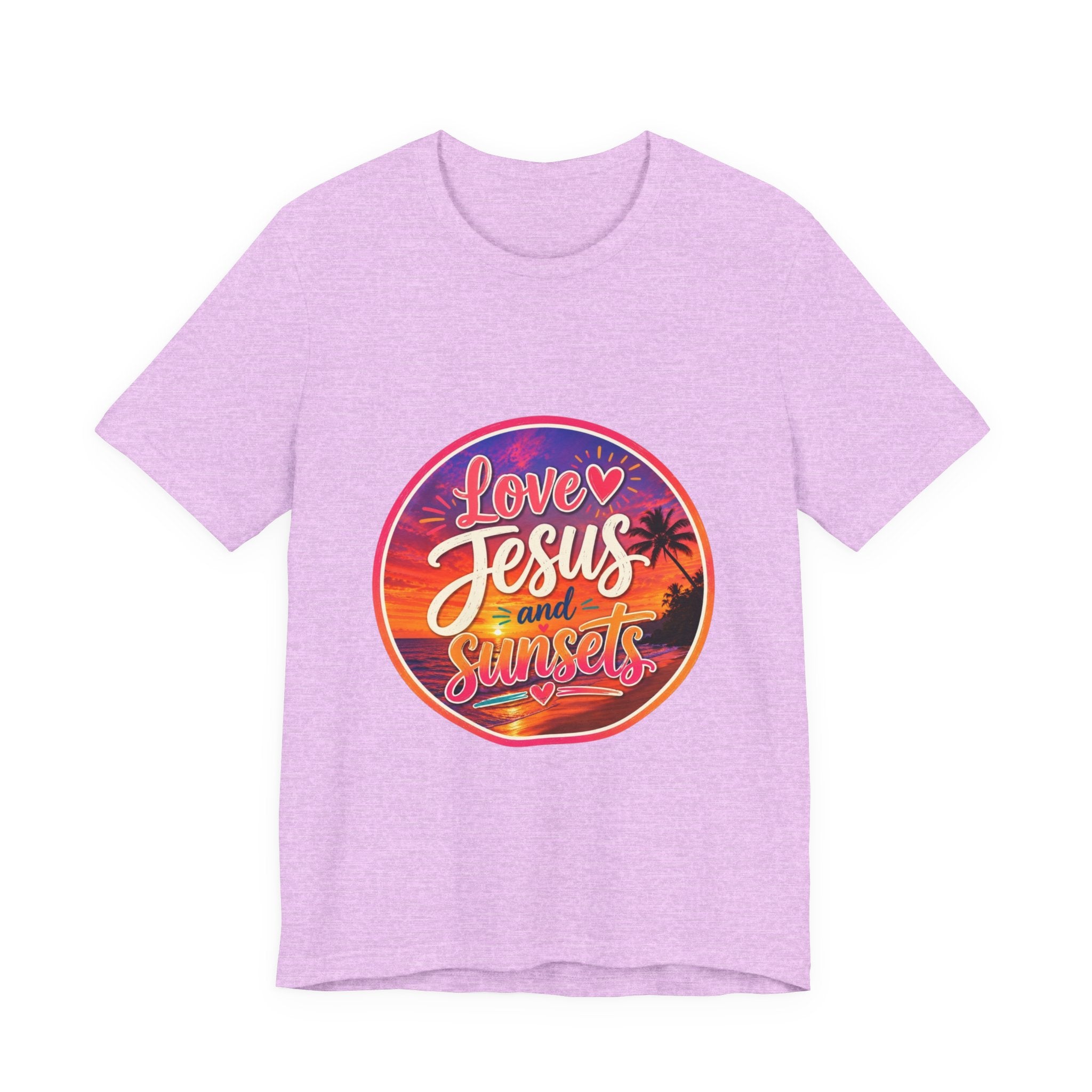 Christian Faith Palm Tree Sunset T-Shirt featuring a vibrant ‘Love Jesus and Sunsets’ design on a lavender tee.