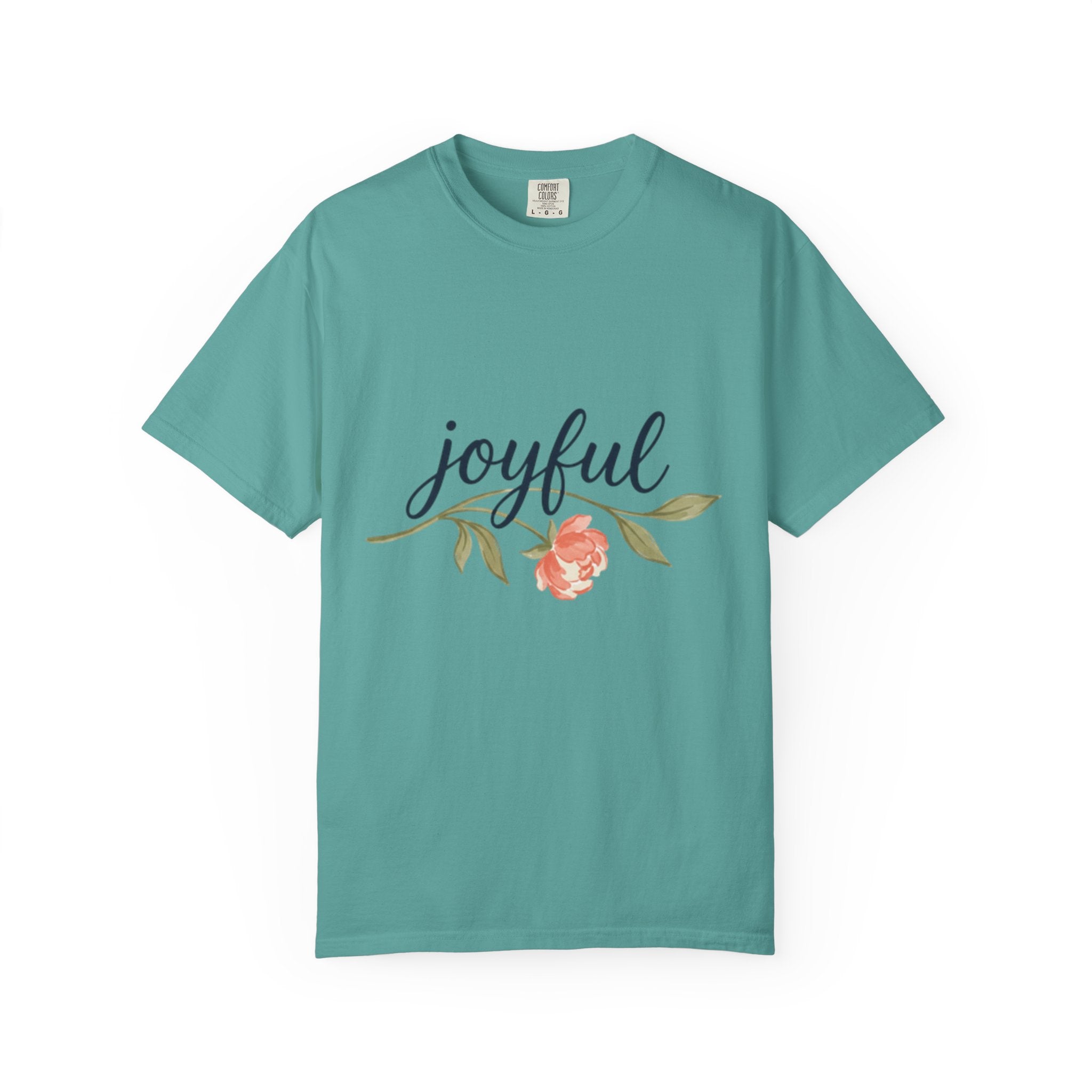 Joyful Flower T-Shirt for Women in teal color with floral design and joyful text.