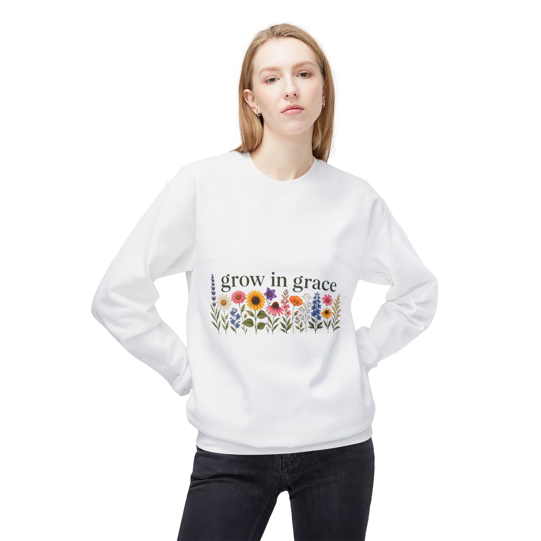 Woman wearing Grow In Grace Flowers Sweatshirt with floral design on front, embodying comfort and style.