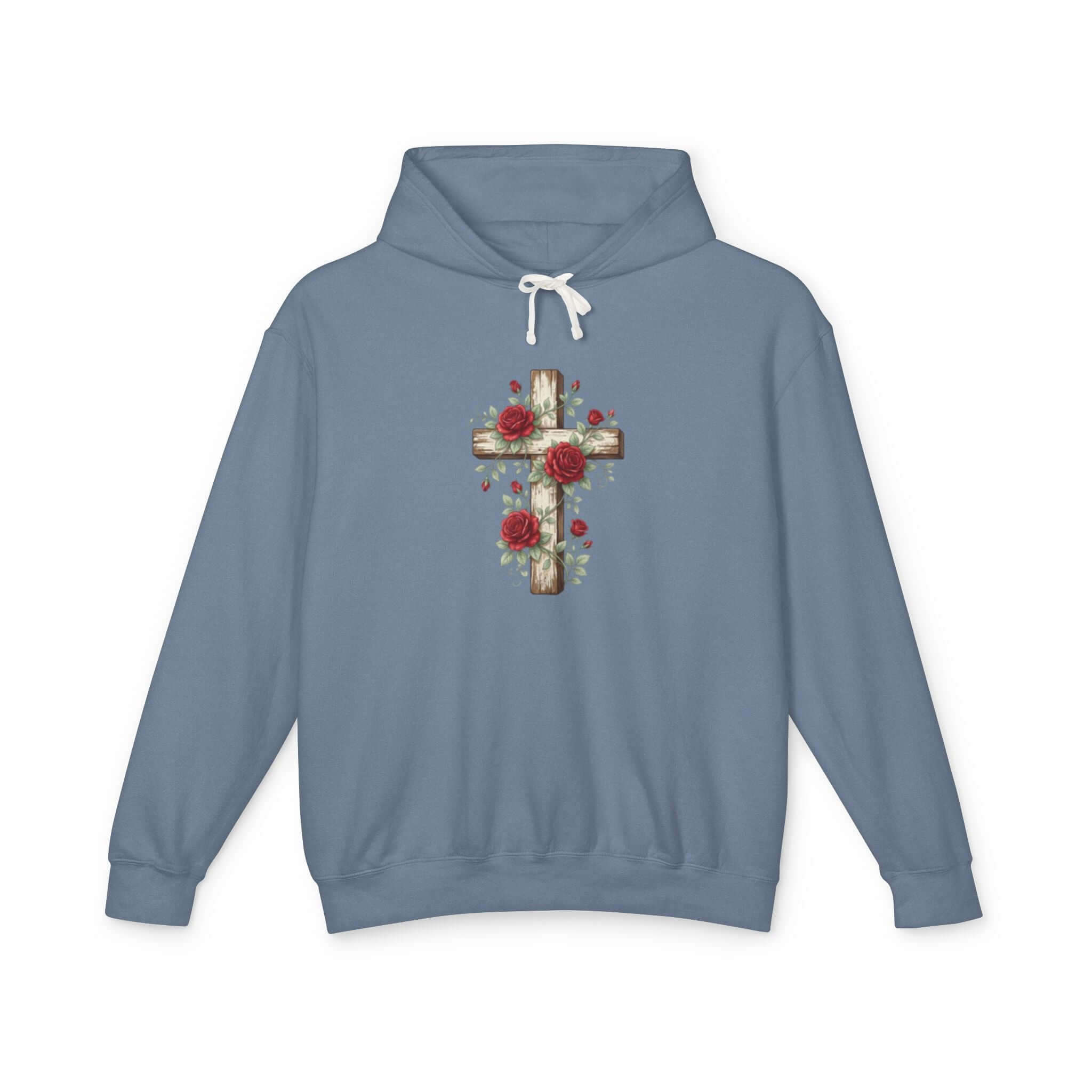 Christian sweatshirt featuring a Slate Blue cross design, perfect for casual wear and expressing faith.