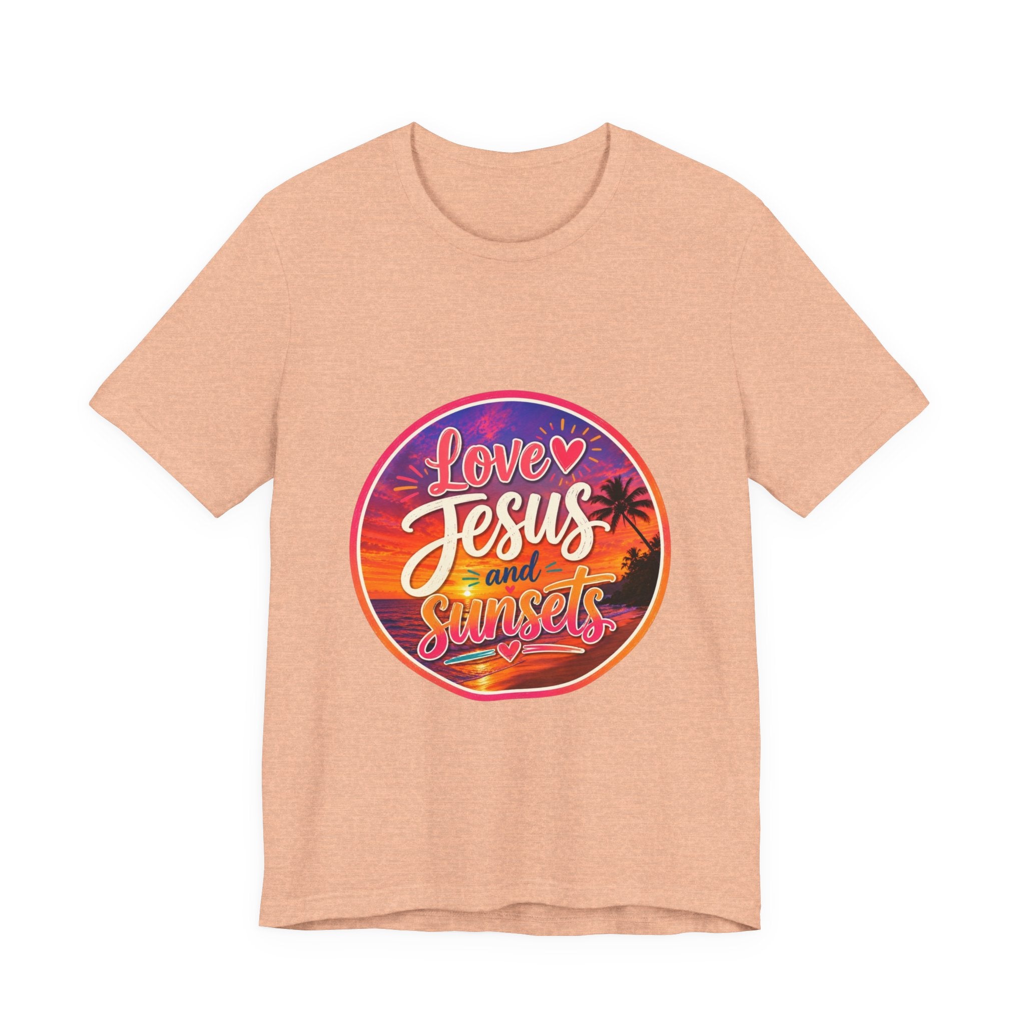 Christian Faith Palm Tree Sunset T-Shirt featuring a colorful sunset design with the text 'Love Jesus and Sunsets'.